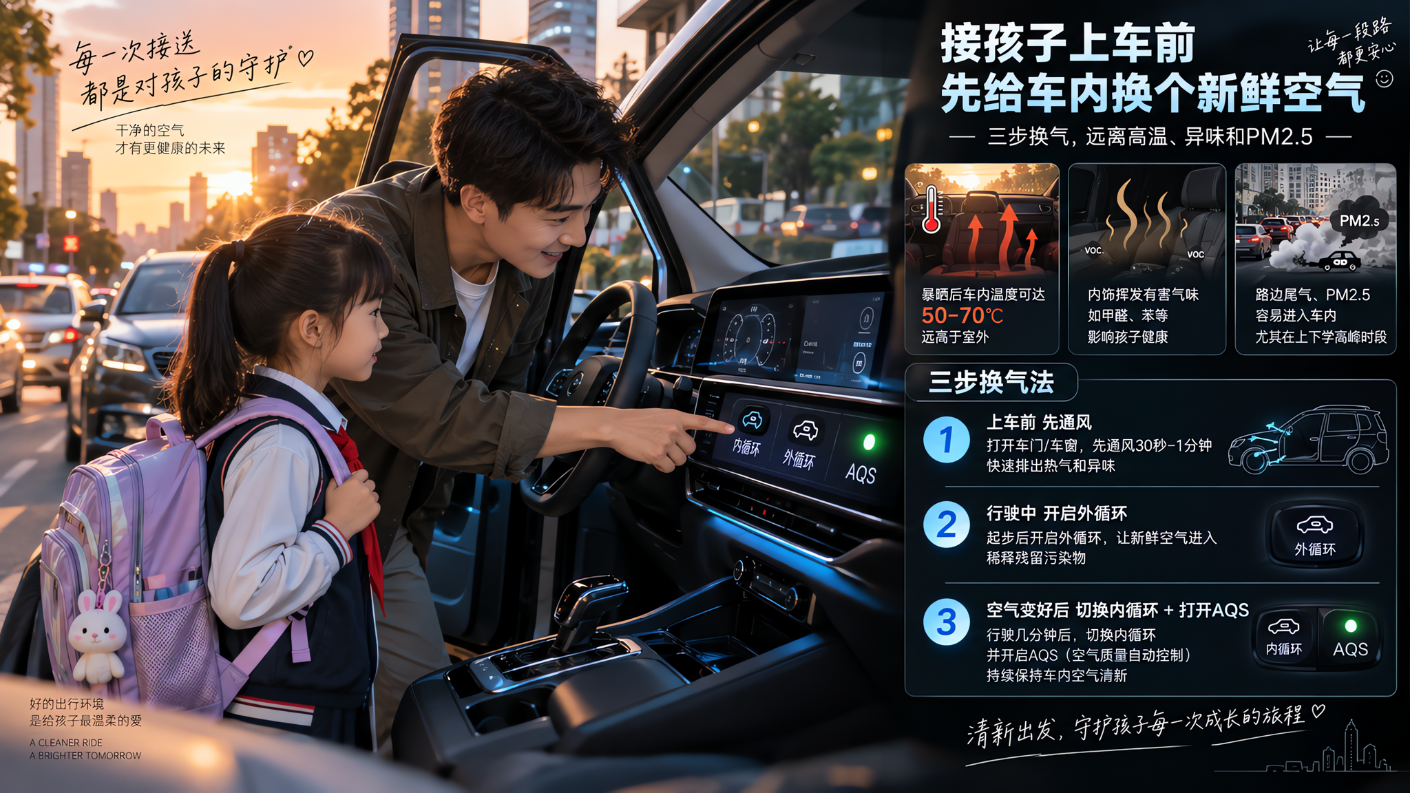 中国城市通勤场景，一位中国年轻爸爸在路边停车后准备接孩子上车，打开车门并指向车内中控的外循环/内循环