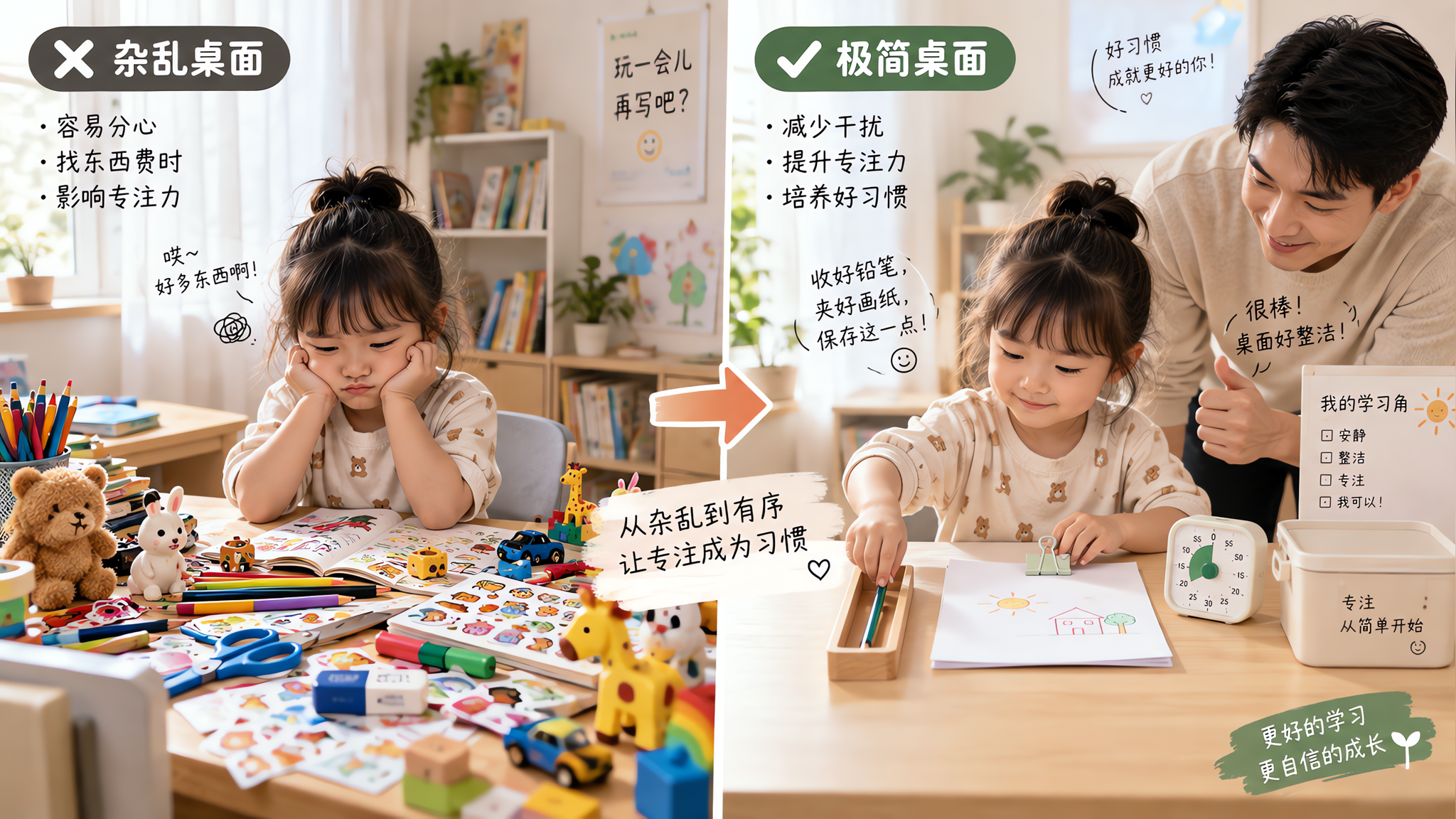 孩子画画写字5分钟就跑？先把桌面减到三样