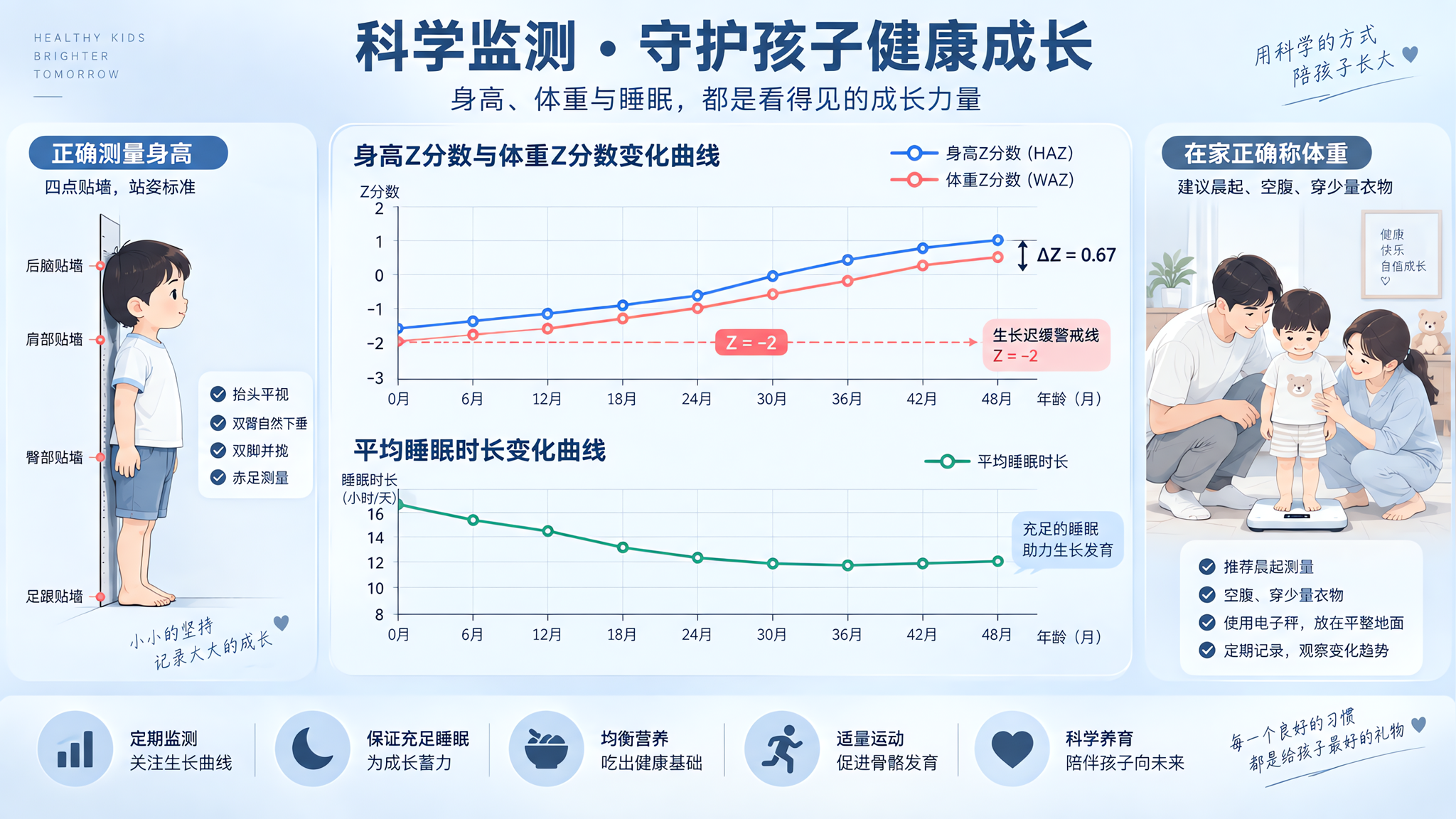 清爽冷色系信息图风格画面，一张双轴折线图作为核心主体，上轴显示身高Z分数与体重Z分数两条折线，下轴显