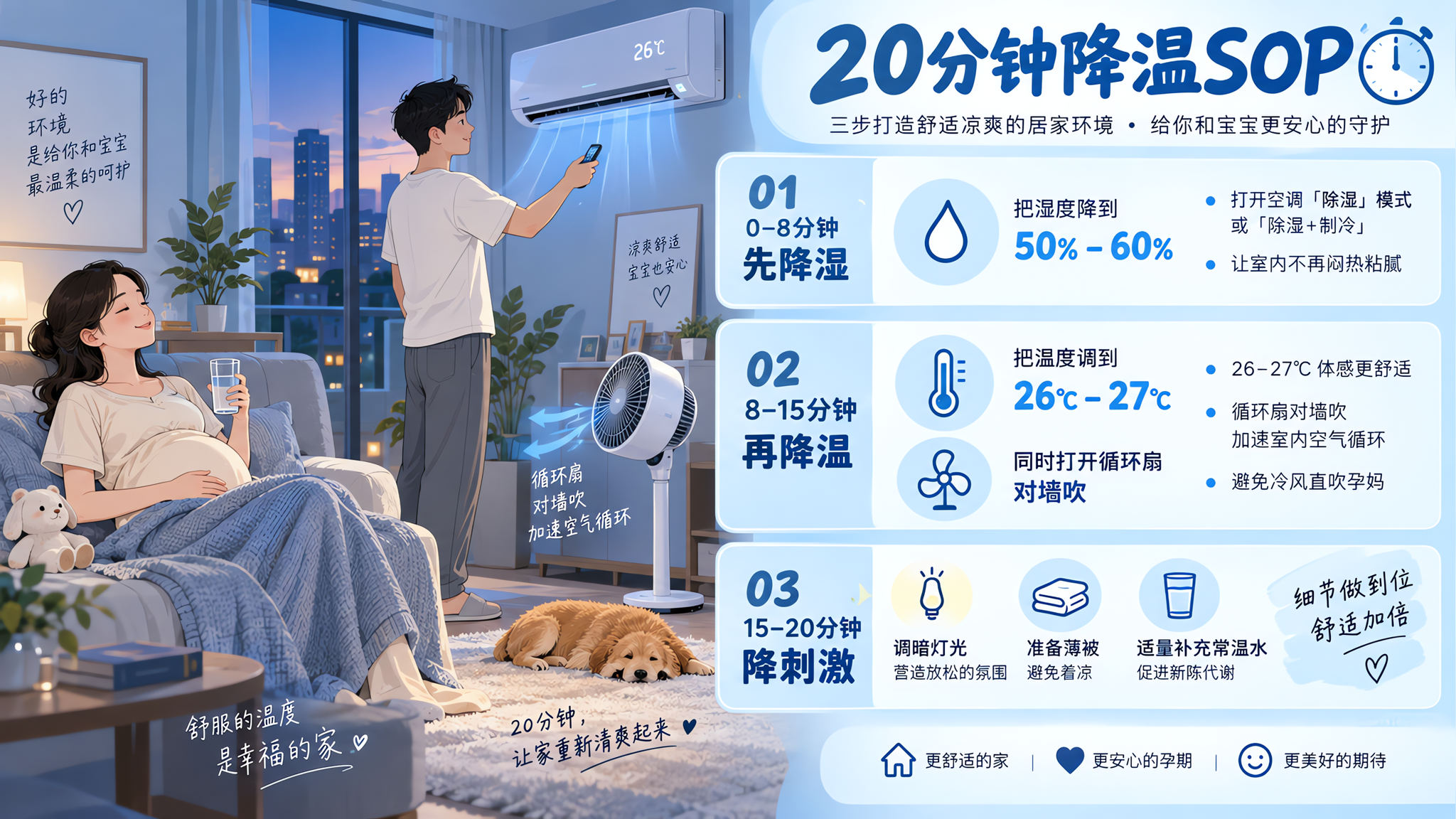 清爽蓝白配色的生活方式场景插画/信息图风格，场景为中国城市家庭卧室或客厅，傍晚回家后室内闷热正在降温