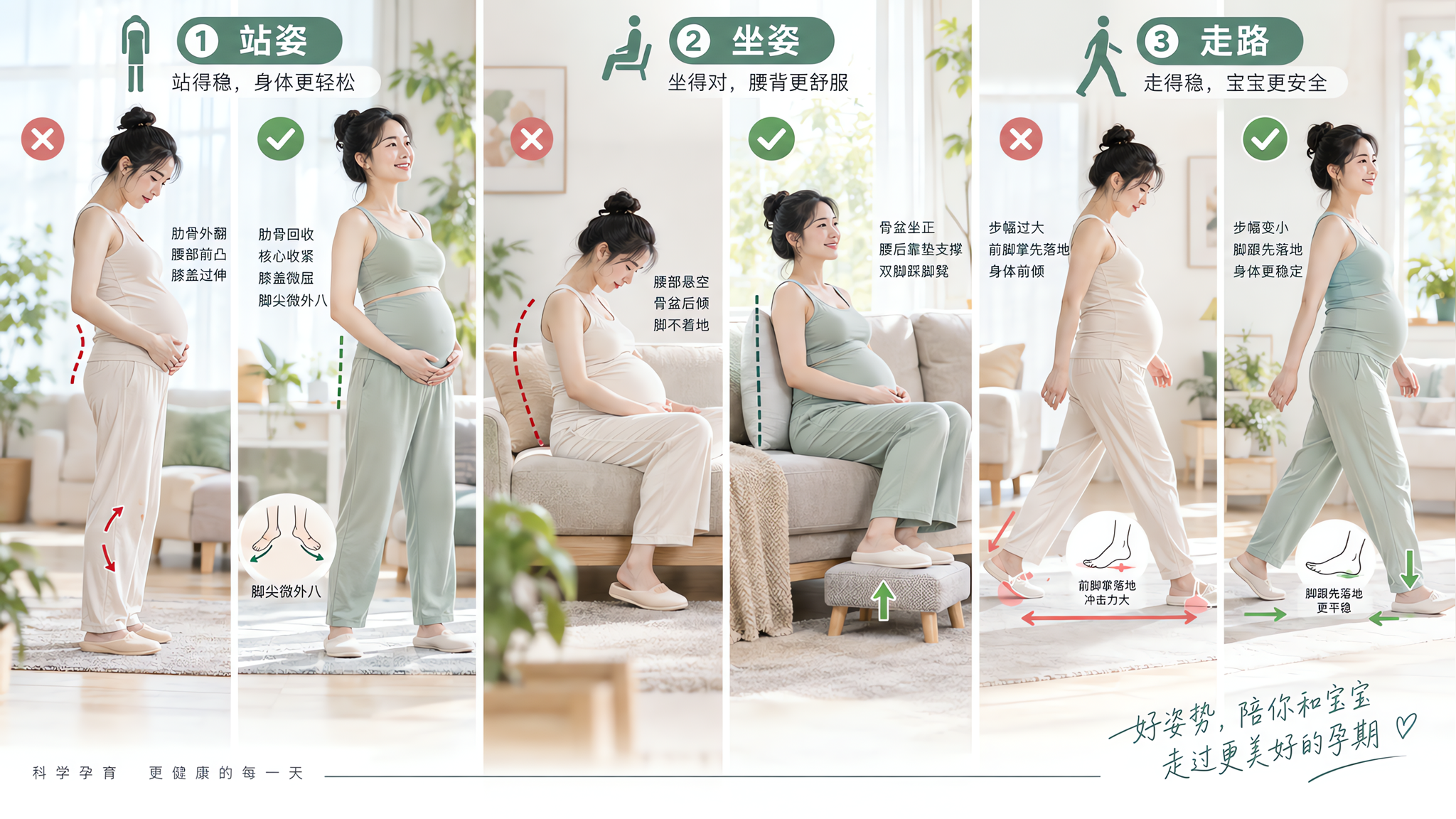 中国孕中期孕妇在明亮清爽的家中客厅场景，穿简洁运动风孕妇家居服，画面分为三栏对比构图（站姿/坐姿/走
