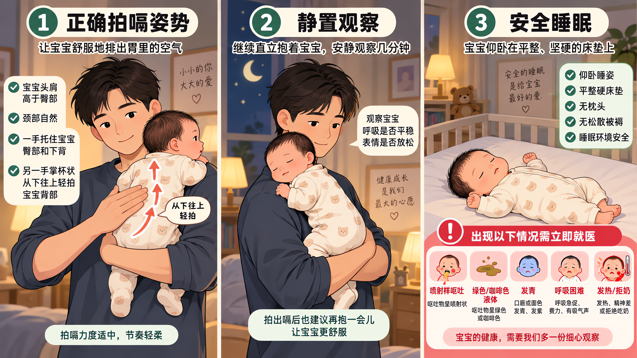 夜里吐奶还从鼻子返？三段拍嗝先保呼吸