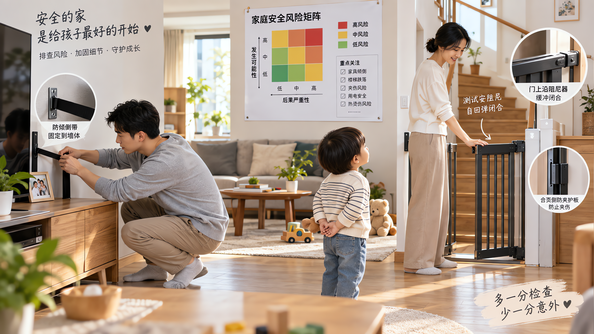 明亮整洁的中国家庭客厅与楼梯口一体场景，中国年轻父母在做家居安全检查：爸爸半蹲在电视柜旁用防倾倒带固
