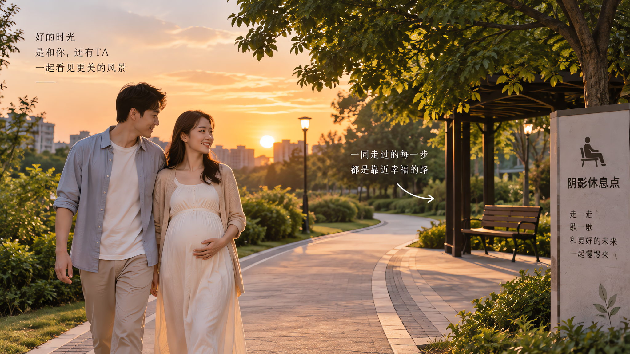 盛夏傍晚陪孕妈散步 爸爸说这3句就够