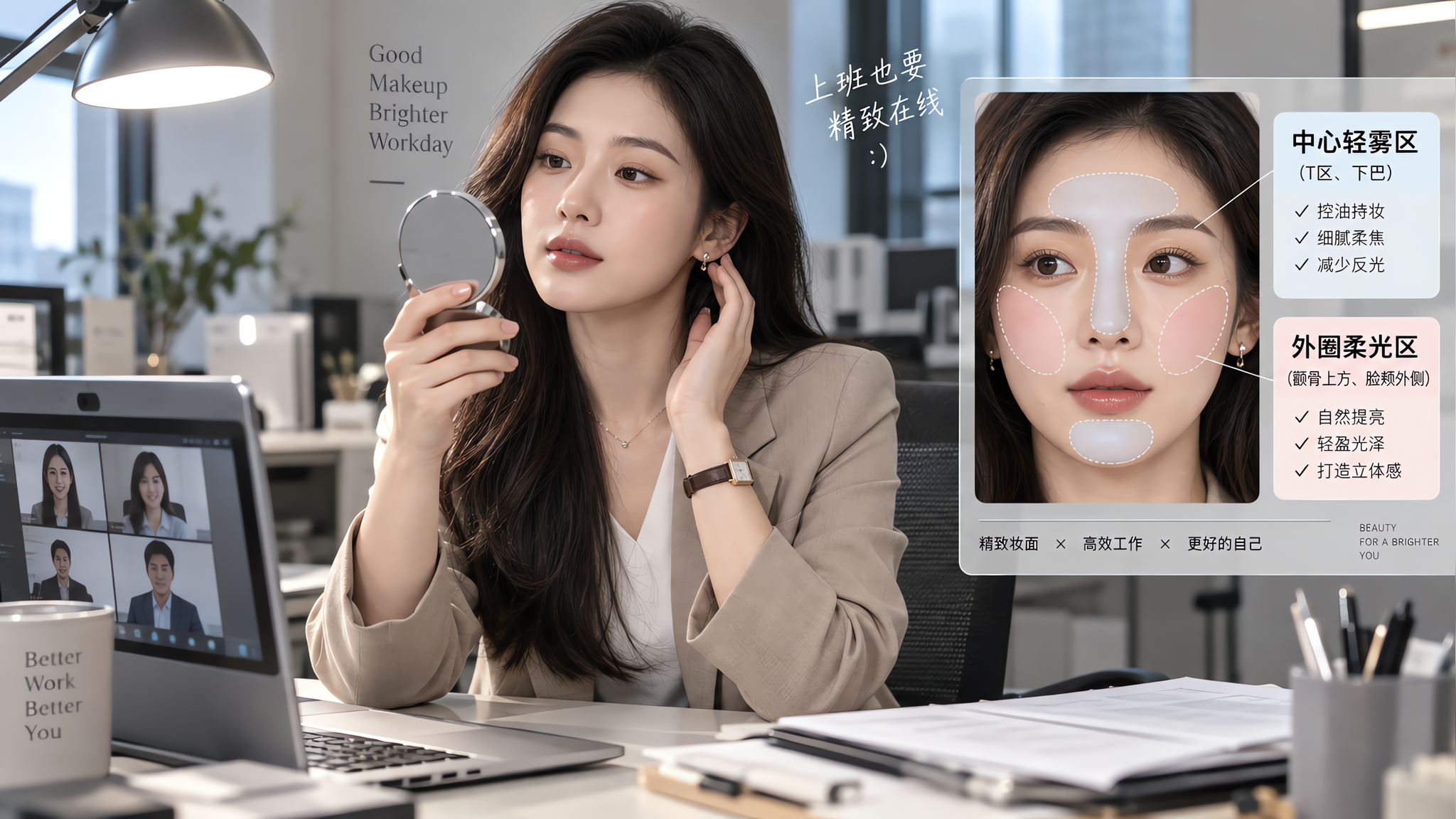 白灯下不反光不显纹：分区雾光底妆法