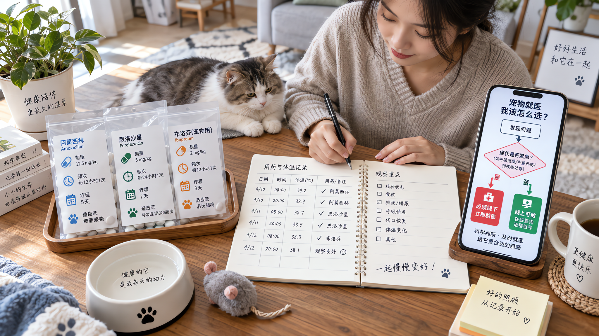 中国年轻宠物主人在家中客厅桌前整理宠物药袋与记录本,桌面上有打码的药袋信息示例(药名、剂量、频次、疗
