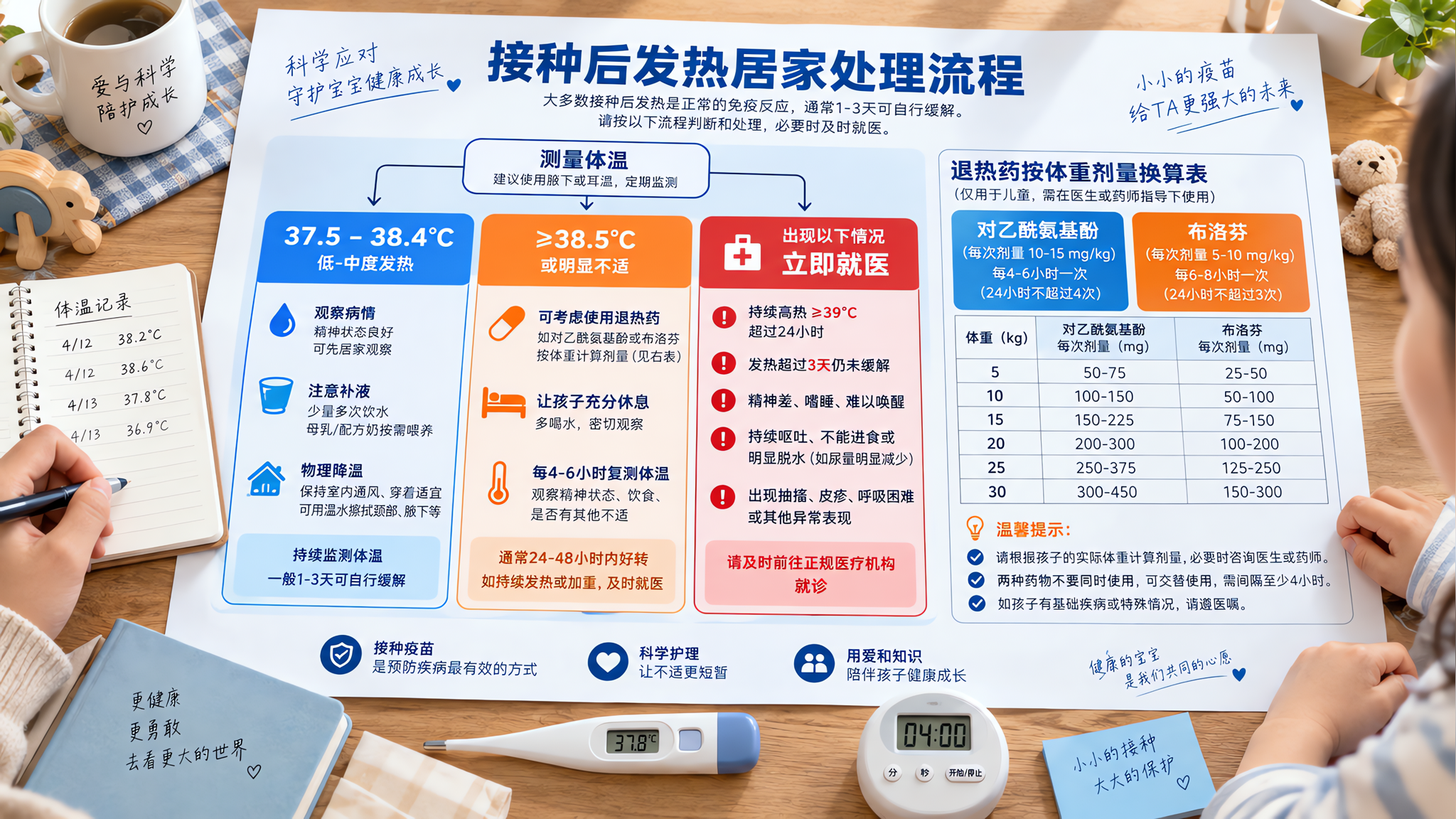 一张信息图海报风格的画面，主题为“接种后发热居家处理流程”，画面中心是一张清晰的流程图：蓝色区域标注