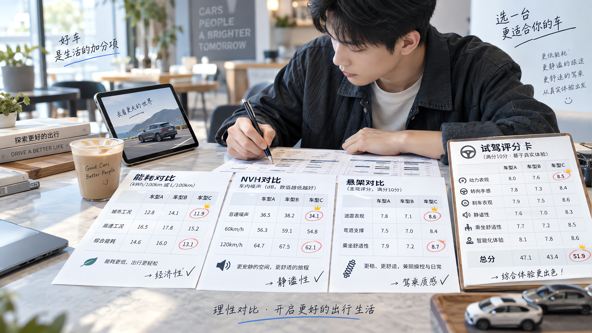 竖版海报构图,中国年轻汽车博主在明亮的室内桌前(类似咖啡馆或工作室),桌上摊开平板电脑和纸质表格,博