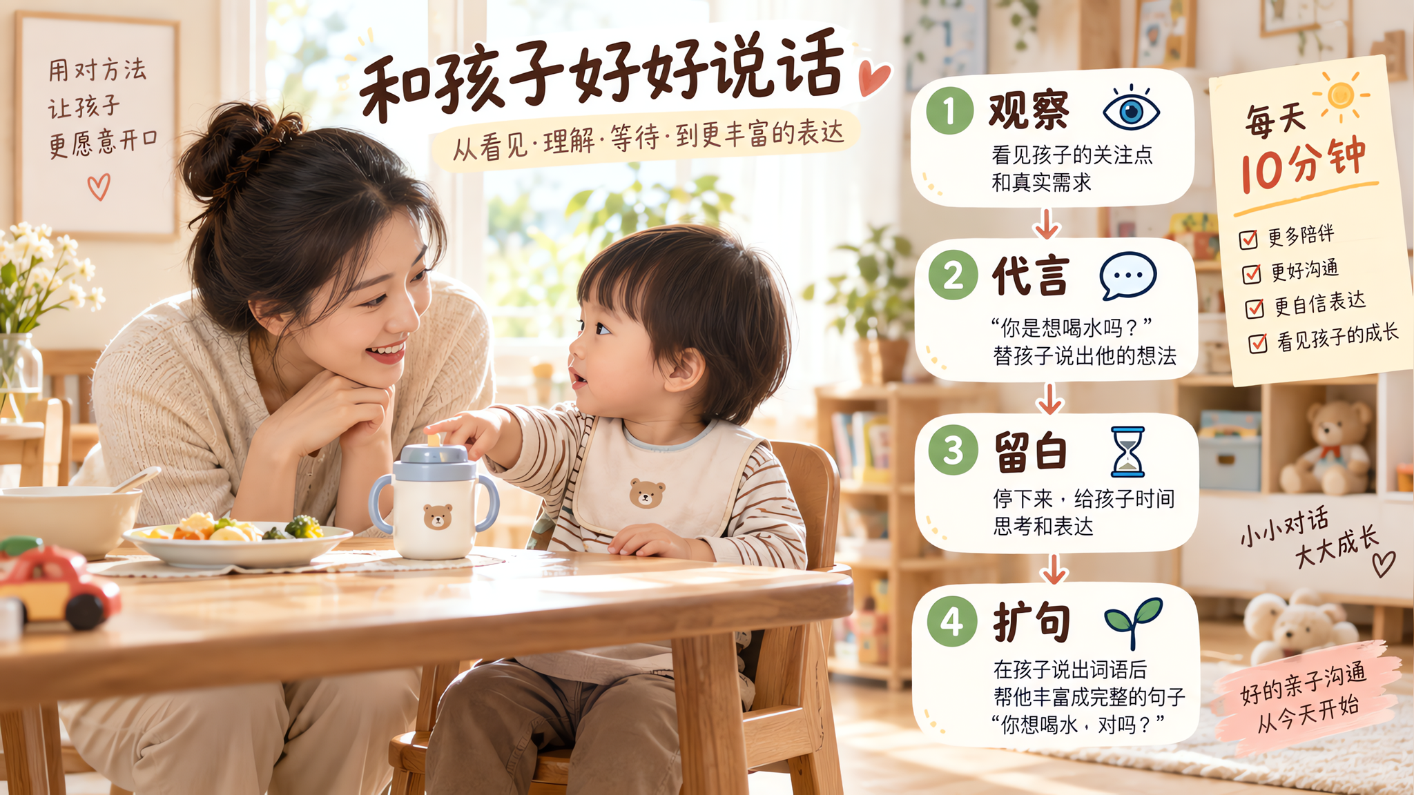 中国年轻父母在温暖明亮的家庭餐厅里,妈妈蹲下与2-3岁中国幼儿对视互动,孩子伸手指向桌上的水杯,妈妈