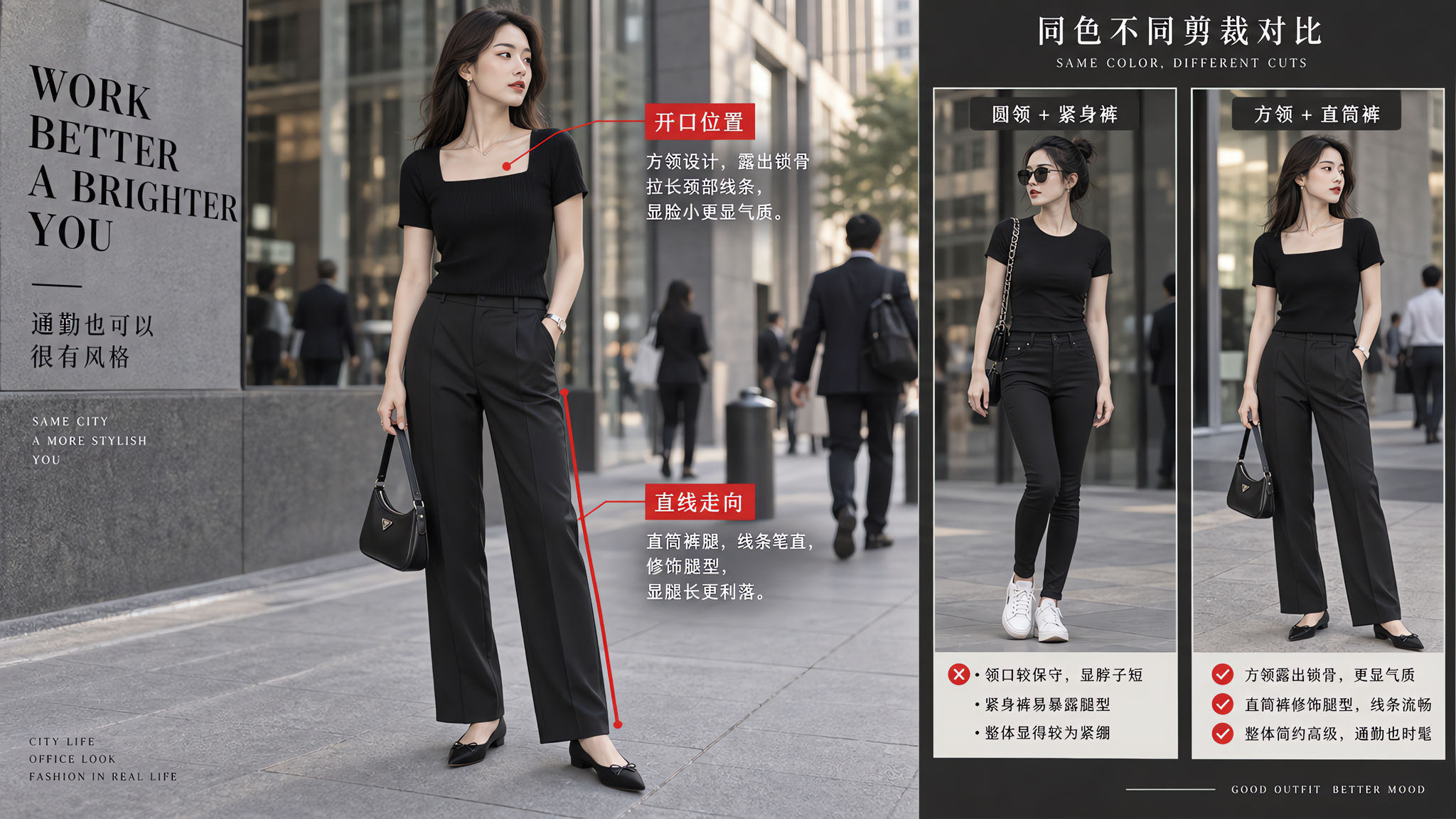 中国年轻女性通勤街拍场景,穿黑色方领短袖针织上衣+中高腰黑色直筒西裤+浅口尖头平底鞋,站在写字楼外的