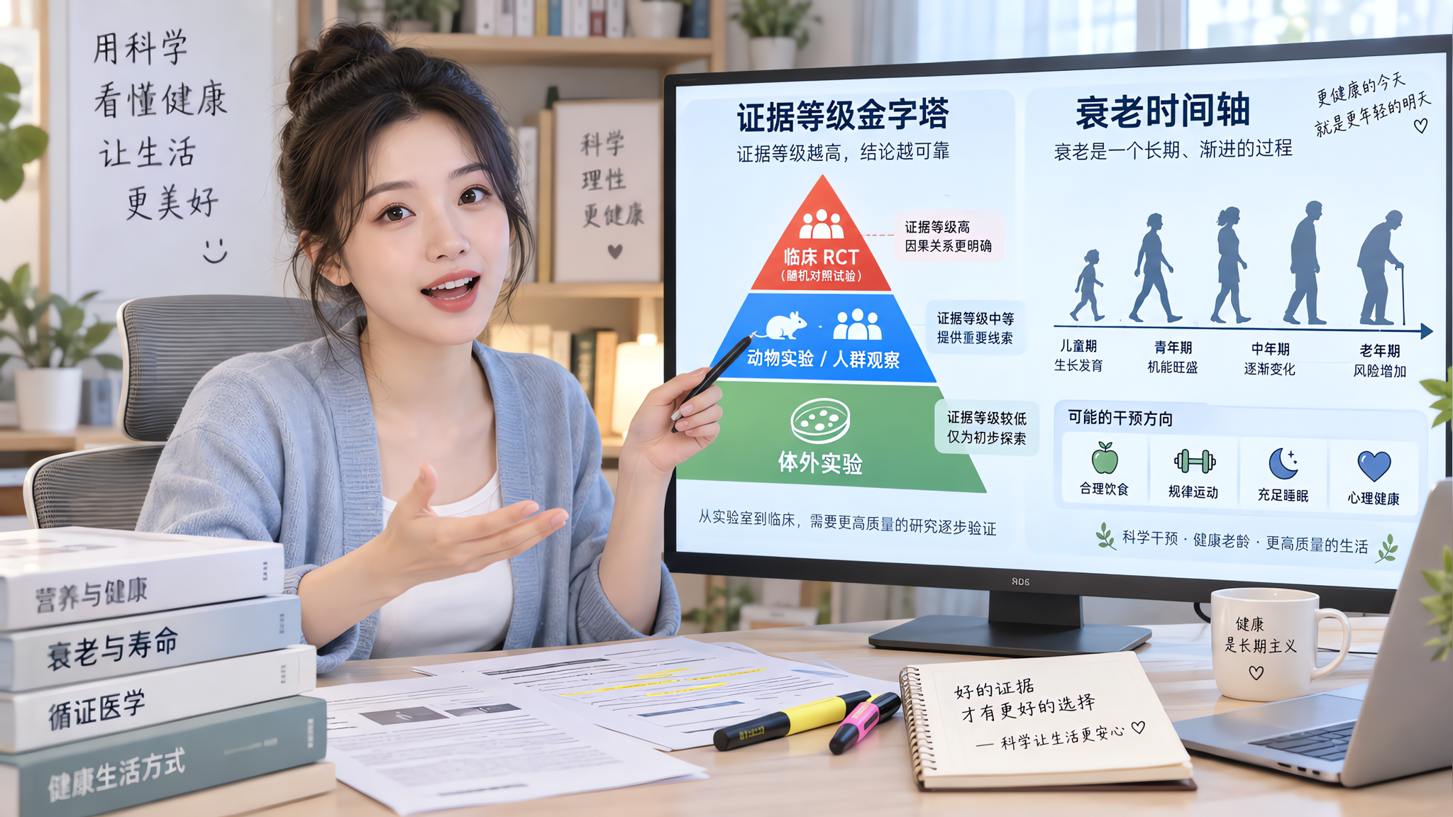 论文解读风信息图场景,一位中国年轻女性科普作者坐在书桌前,桌上摆放打印论文、记号笔和电脑屏幕,屏幕上