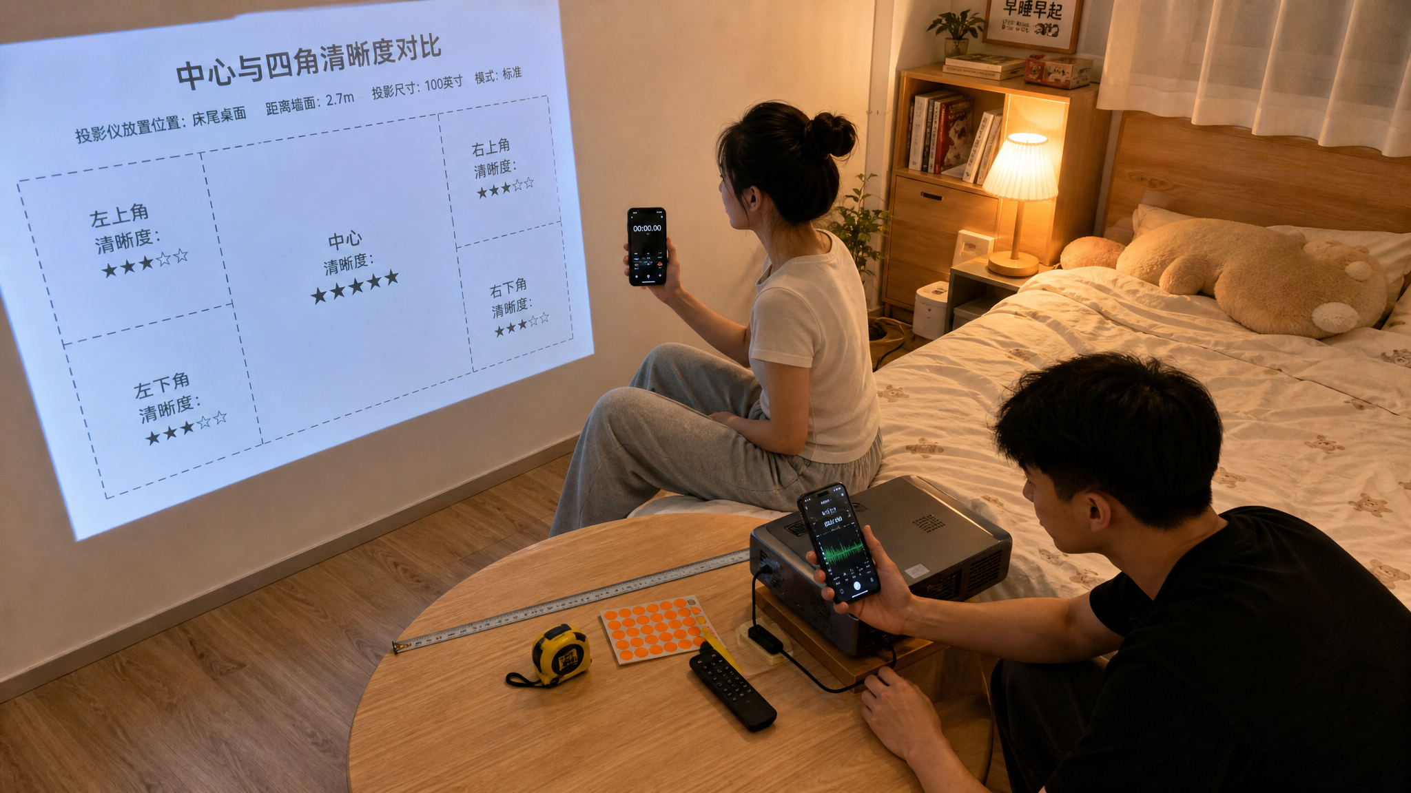中国年轻租房情侣在小户型卧室布置迷你投影家庭影院,女生坐在床边用手机计时并观察屏幕四角清晰度,男生蹲
