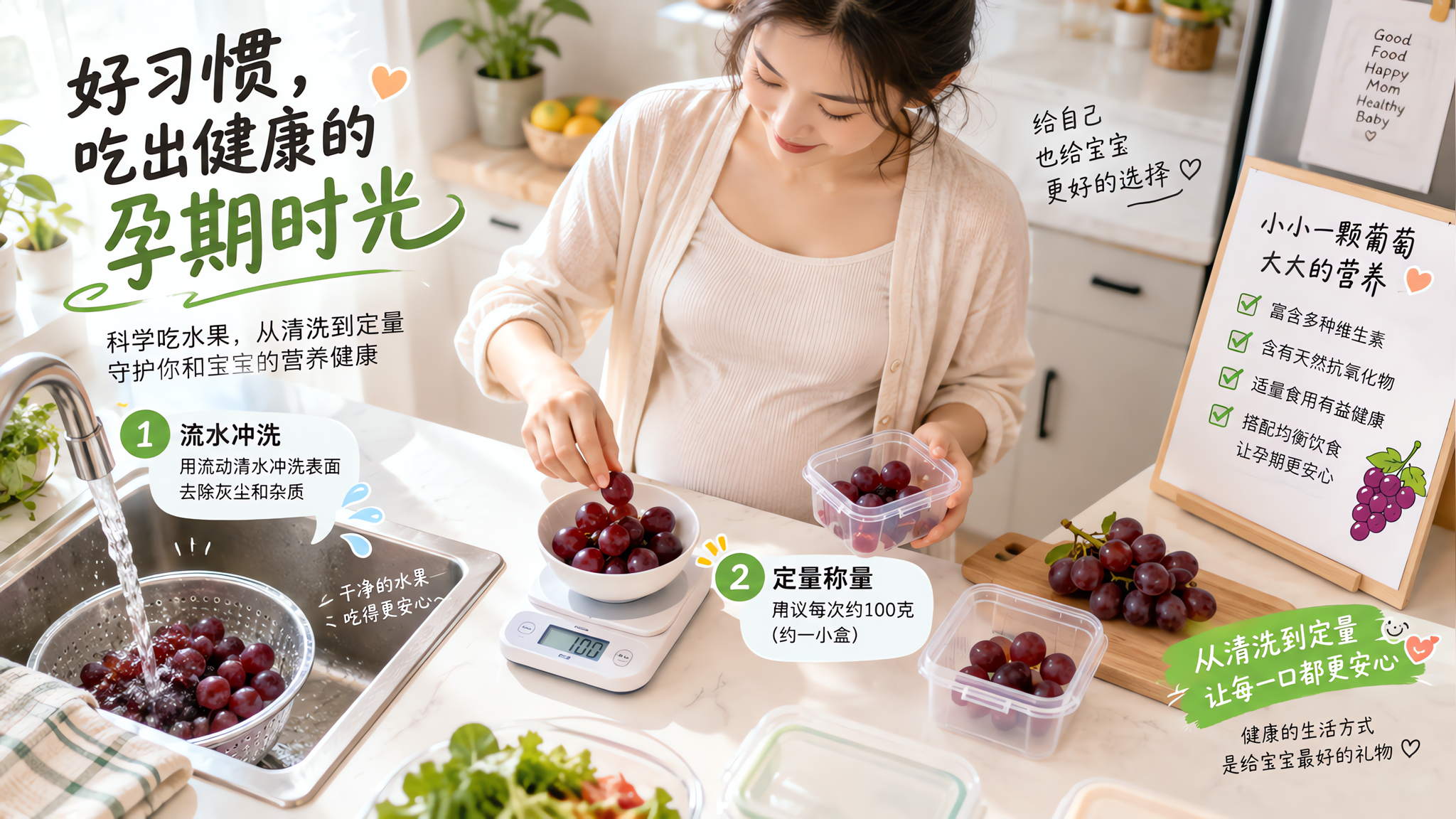 中国年轻孕妈妈在家中明亮整洁的厨房台面前，穿浅色居家服，正在用电子秤称量一小盒葡萄，旁边放着分装盒和