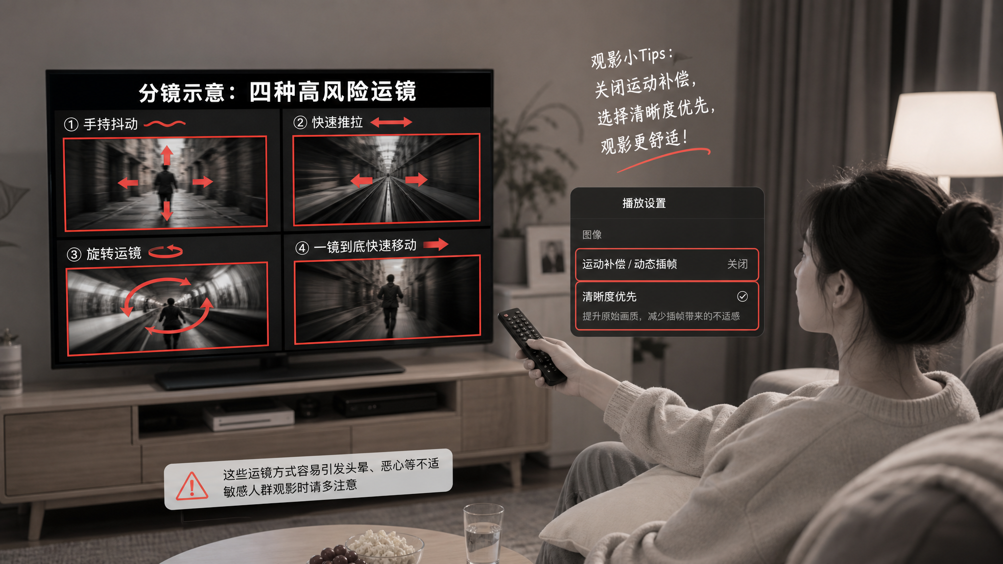 中国年轻女性在家中客厅沙发上追剧，手里拿着遥控器暂停画面，电视屏幕上以“分镜示意”形式展示四种高风险