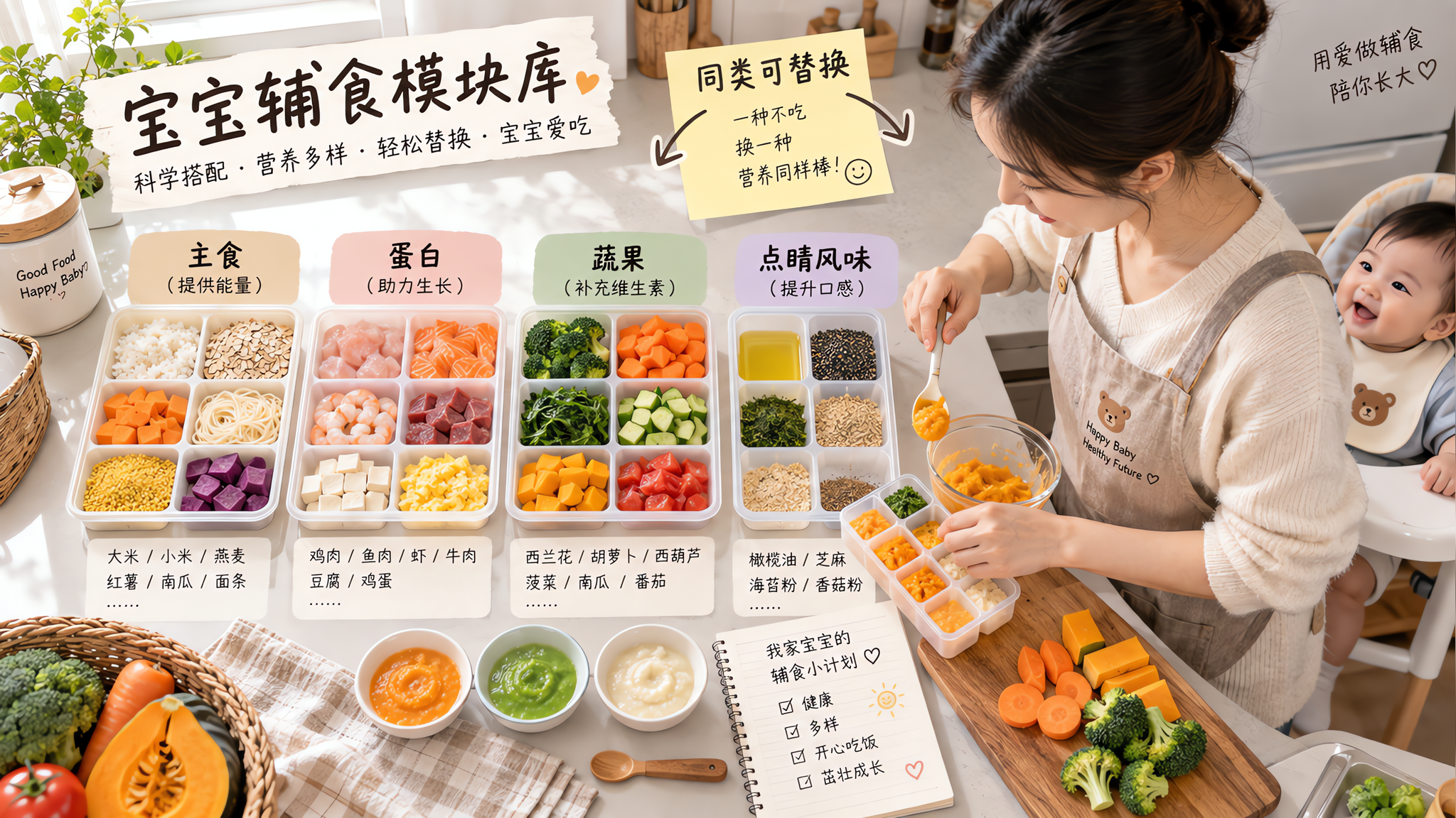 8个月辅食不靠菜单：4类模块库+替换规则省心一周