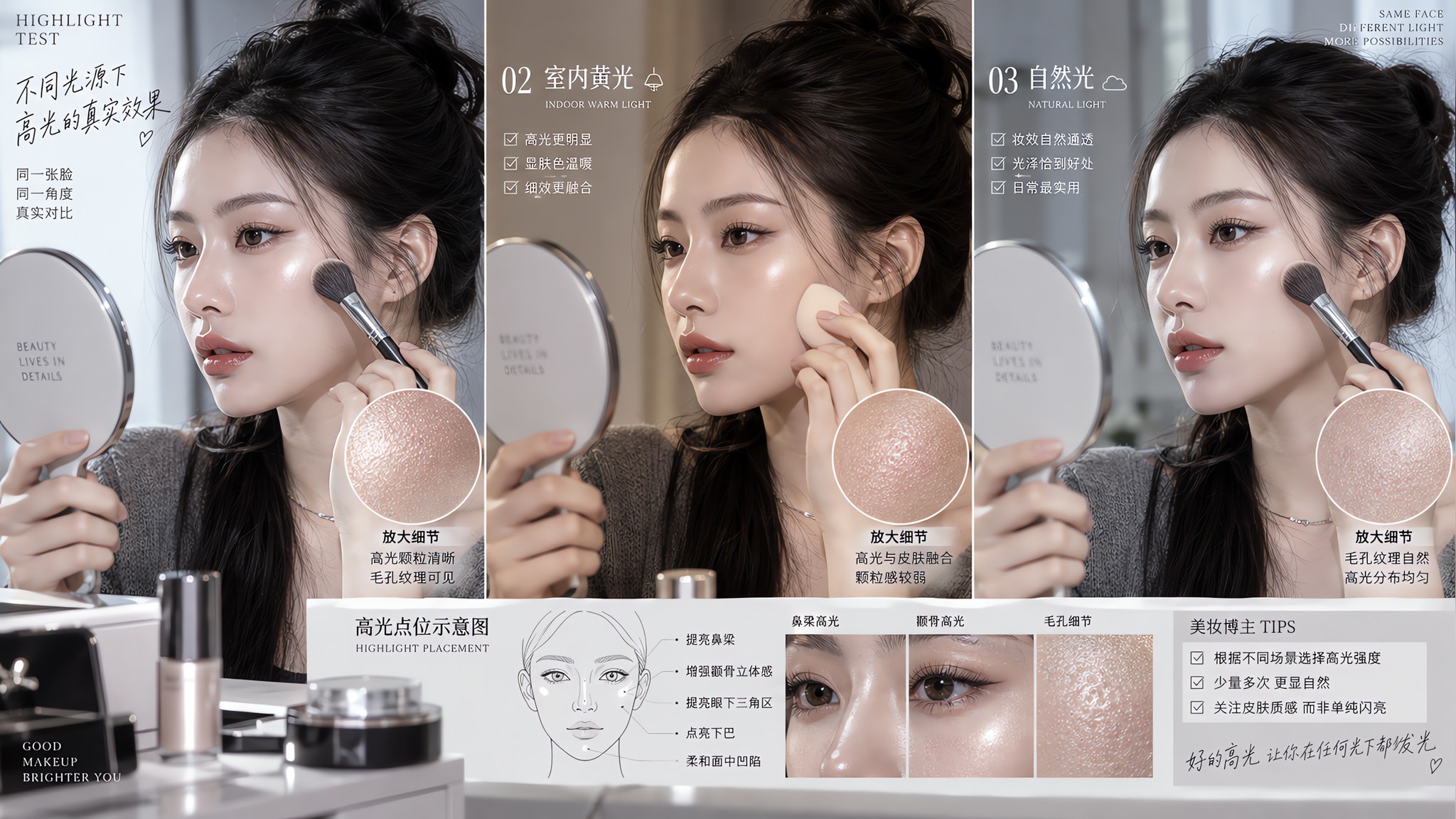 高光为什么越打越显毛孔？强光黄光实测要点