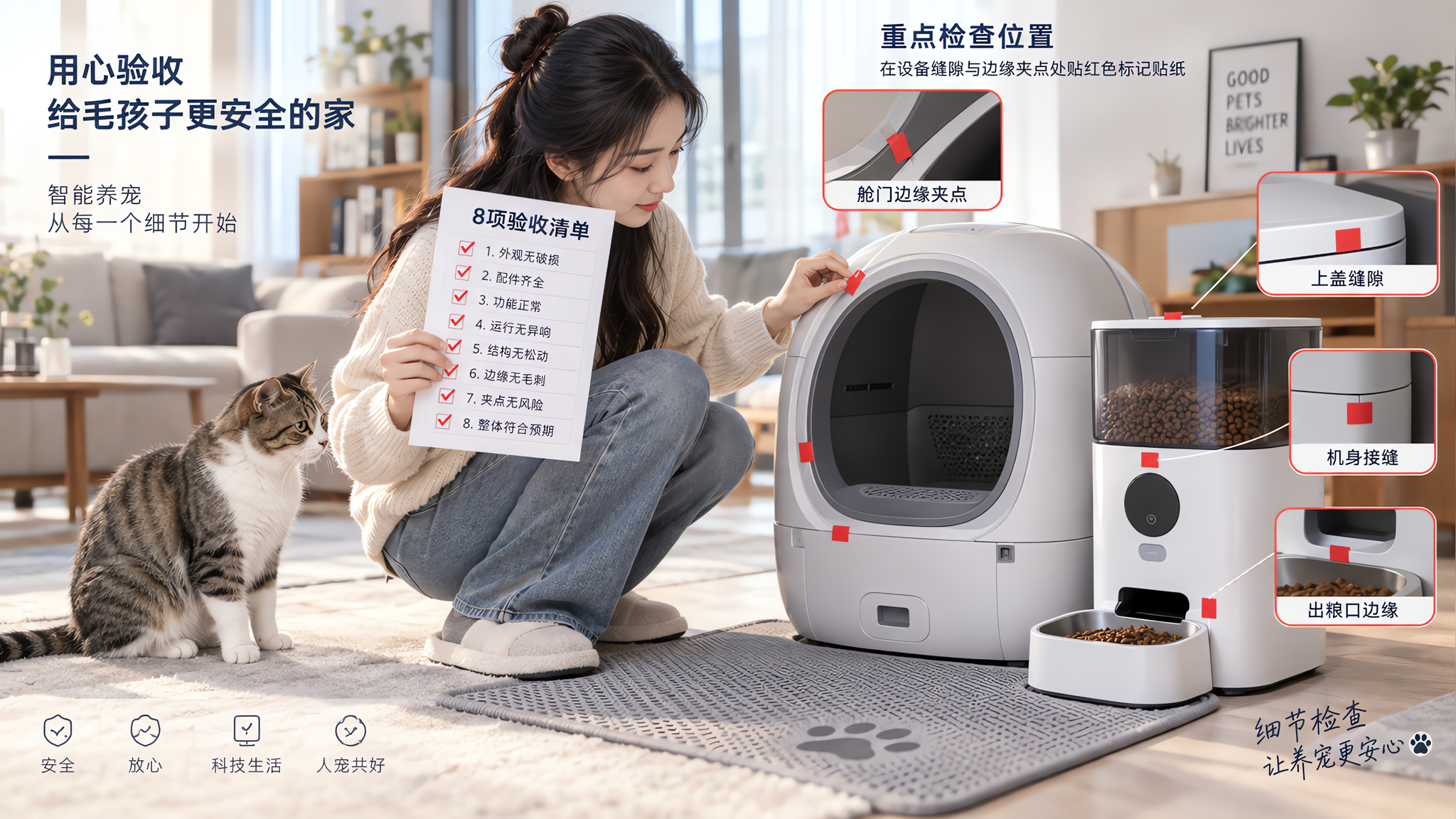 中国年轻女生在家中明亮整洁的客厅里，蹲在智能猫砂盆与自动喂食机旁进行到手验收检查，手持印有“8项验收