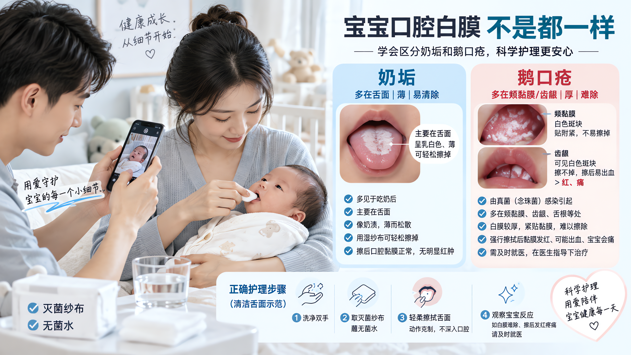 宝宝嘴里白膜别乱擦：看位置和疼痛分奶垢或鹅口疮