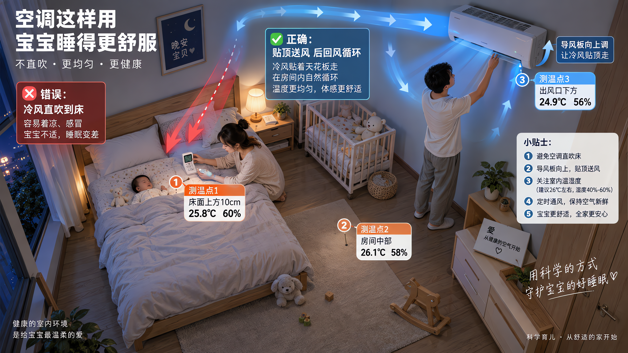 宝宝夜里出汗又怕冷？多半是空调风路没布对