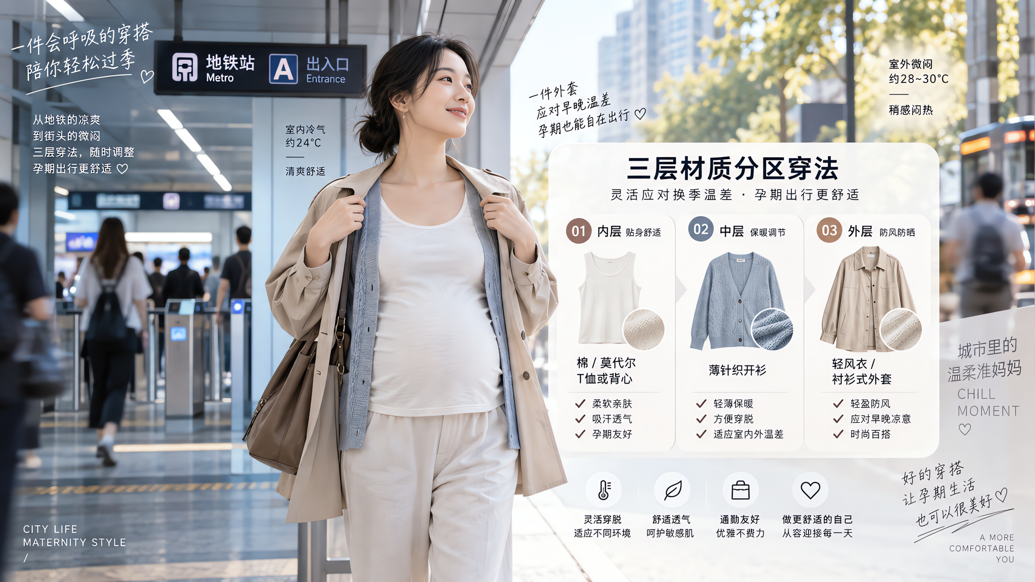 孕期通勤一冷一热怎么穿：三层材质分区最稳