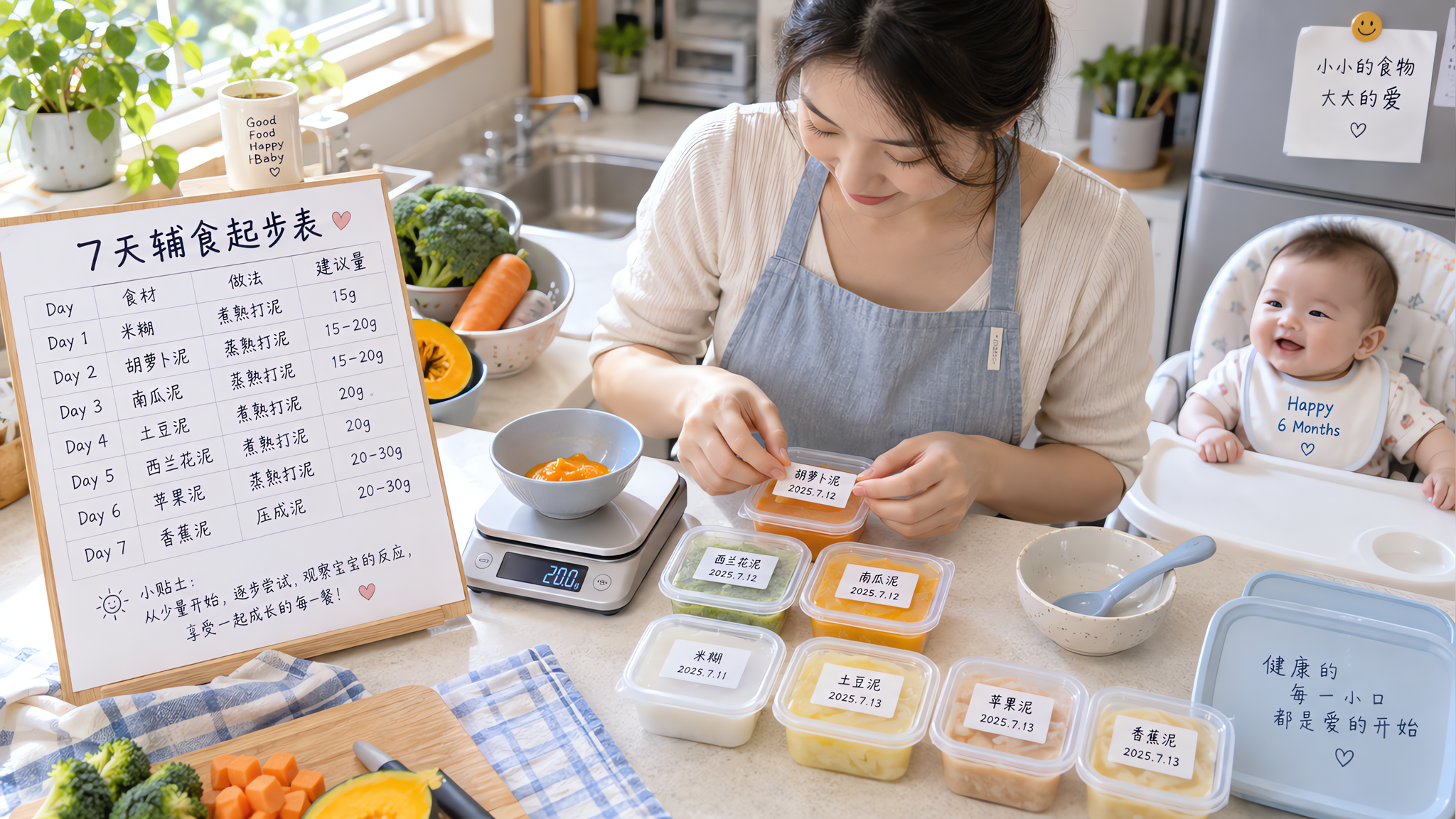 6个月辅食第一口怎么选：高铁低敏7天表+3天观察法