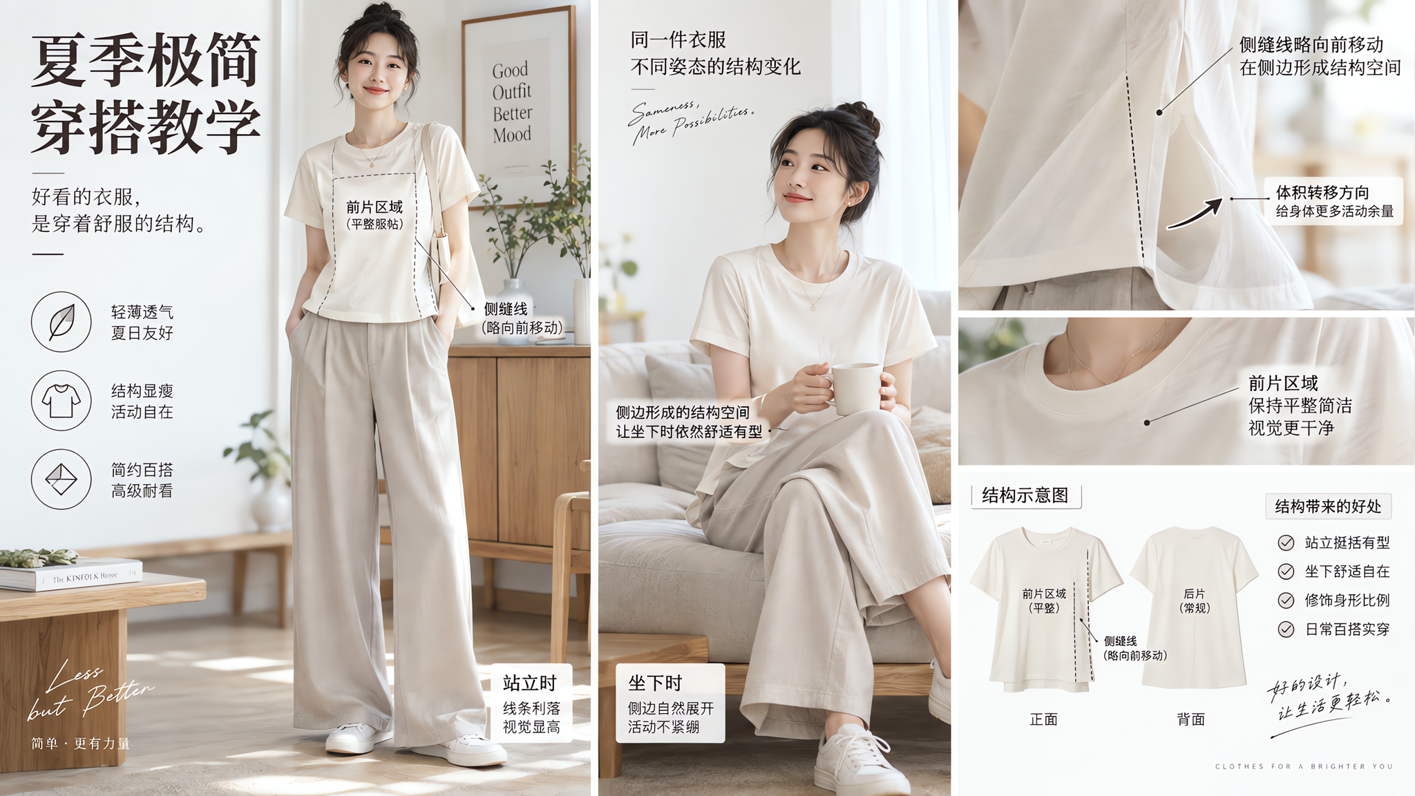 中国年轻女性,夏季极简穿搭教学场景,人物分别呈现站立与坐下两种姿势对比,穿着浅色薄款上衣与简洁下装,