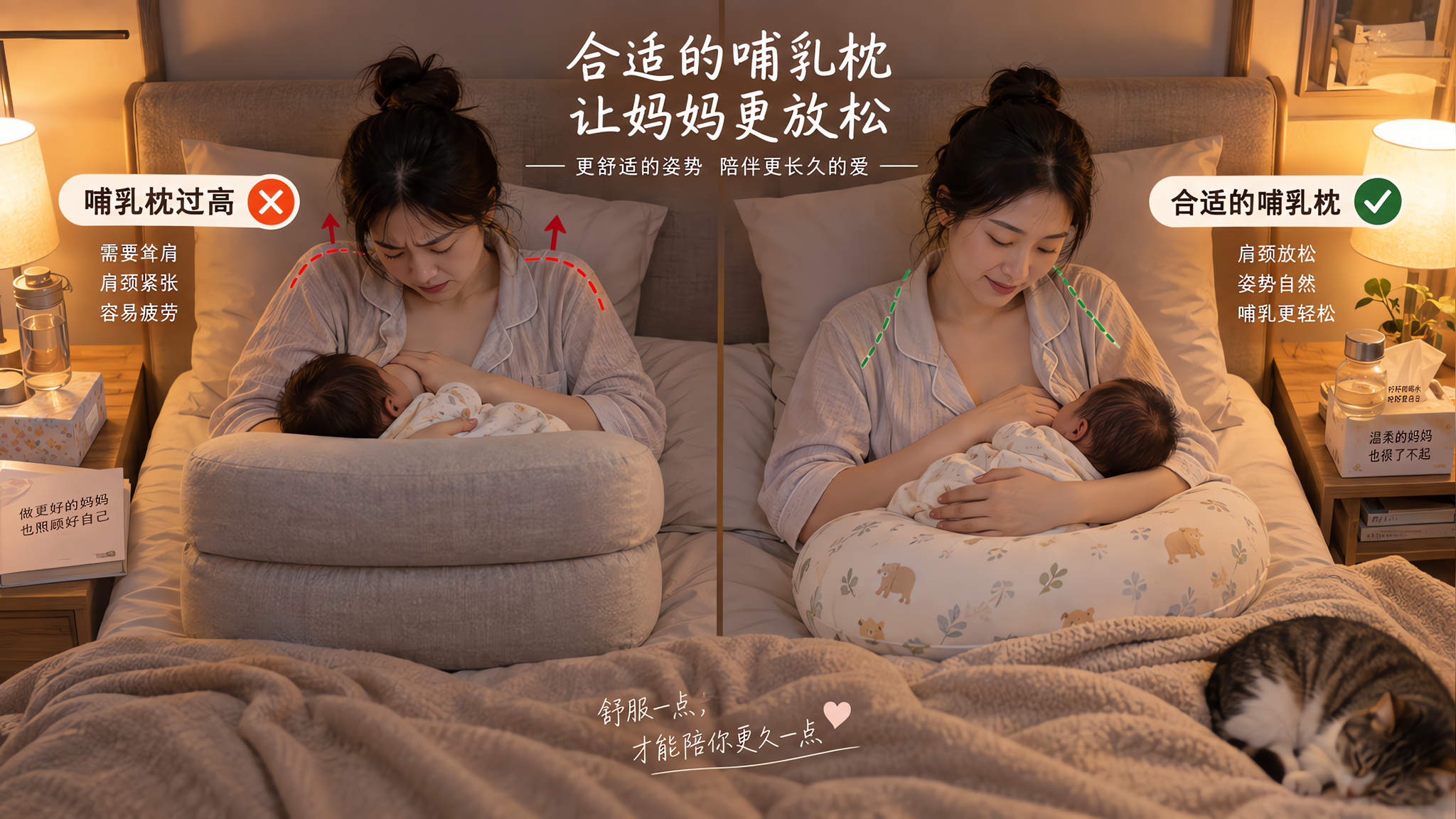 中国年轻妈妈在卧室床头进行夜间哺乳场景,穿舒适家居服,旁边柔和暖色小夜灯照明;画面中有两种不同高度的