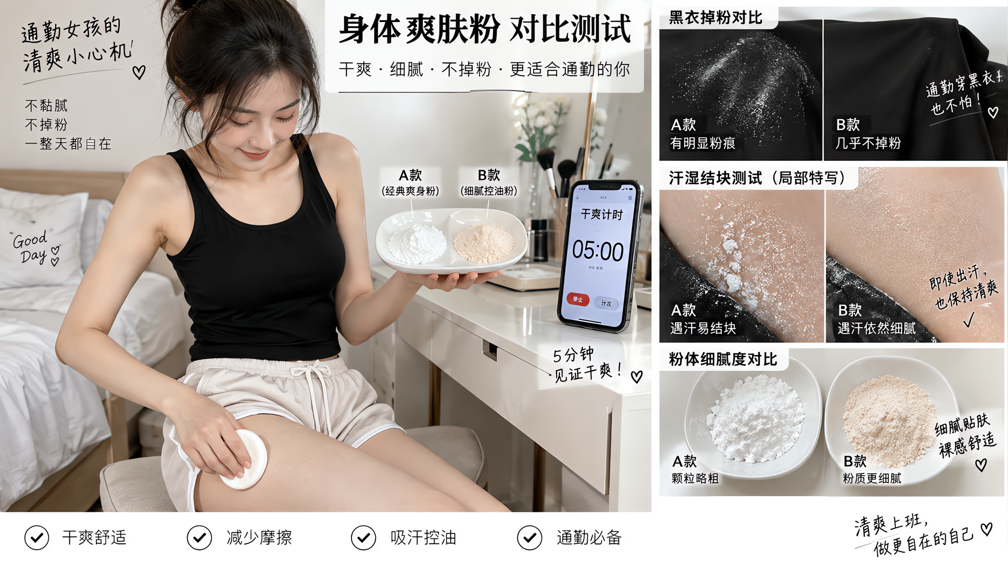 通勤场景室内自然光下,中国年轻女性在卧室梳妆台前进行身体爽肤粉对比测试,人物穿黑色无袖上衣与浅色短裤