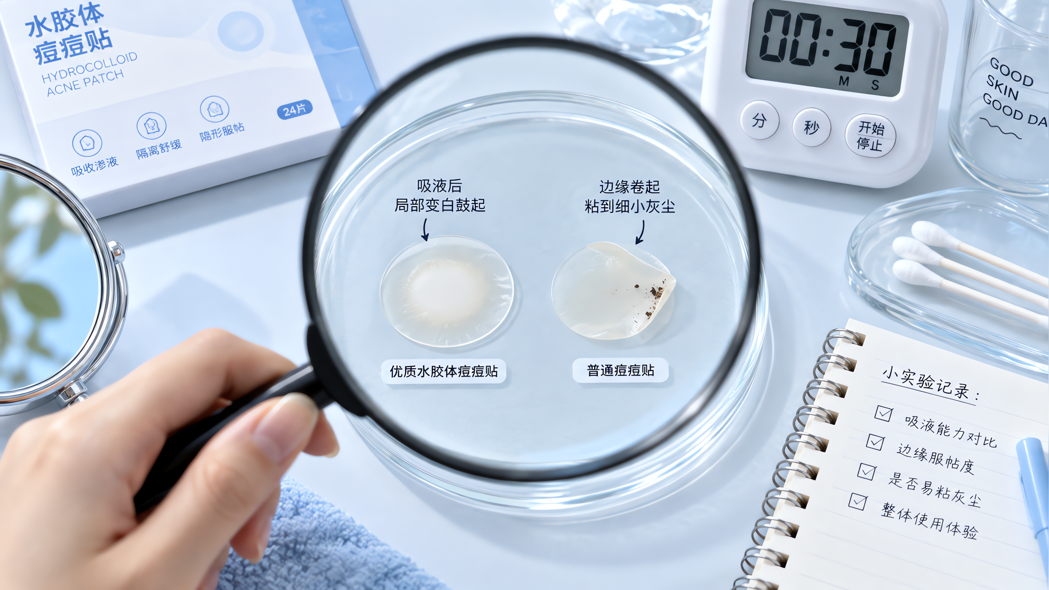 清爽蓝白背景的桌面实验风场景,中国年轻女性的手正在用放大镜观察两片透明水胶体痘痘贴的吸液变化对比,一