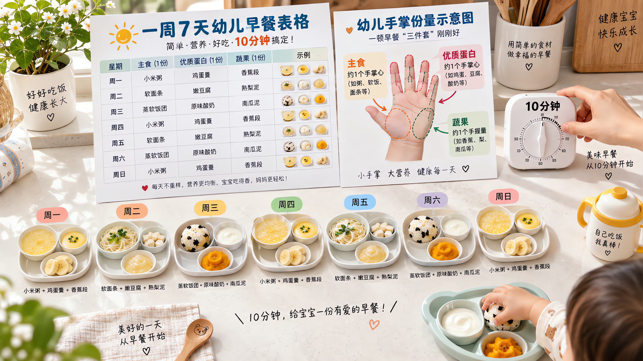 俯拍构图，中国家庭厨房台面上摆放“一周7天幼儿早餐表格”与“手掌份量示意图”，旁边放有7套简单早餐的