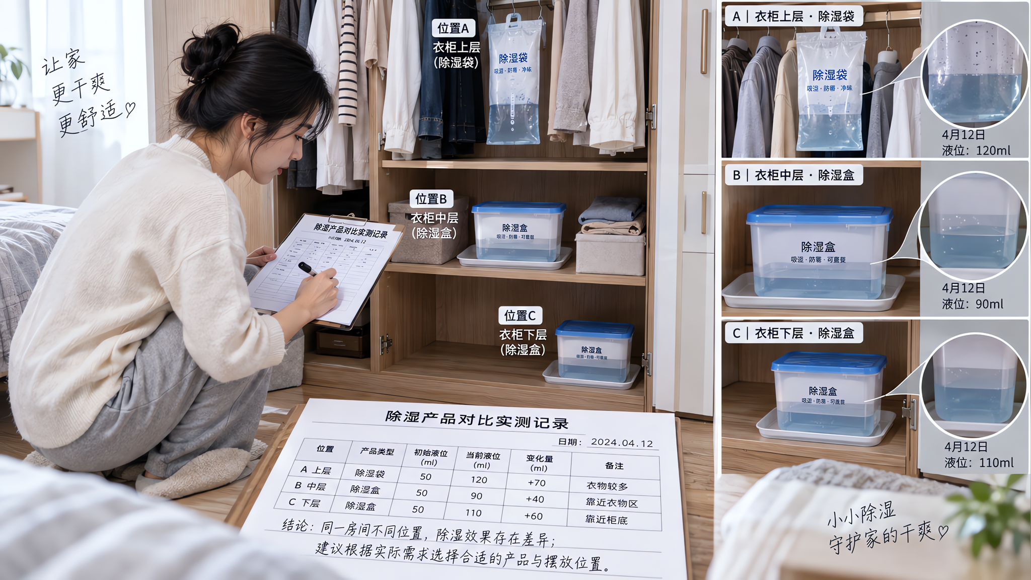 中国年轻女性在家中卧室衣柜前做除湿产品对比实测,人物蹲下观察并记录除湿盒与除湿袋的液位变化,手持记号