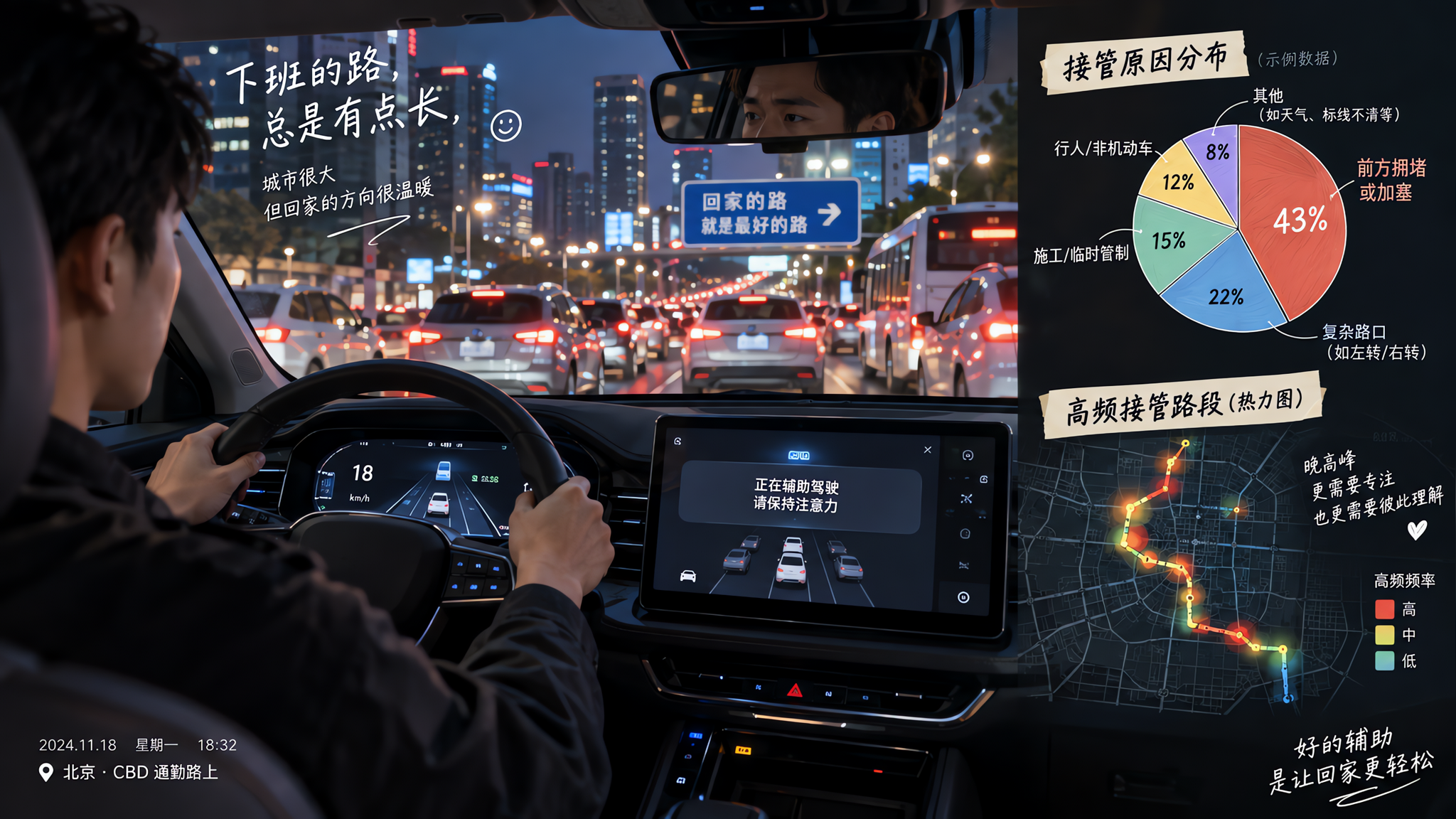 中国城市晚高峰拥堵道路场景，车内视角为主，一位30岁左右中国男性司机或女性司机坐在驾驶位，双手轻握方