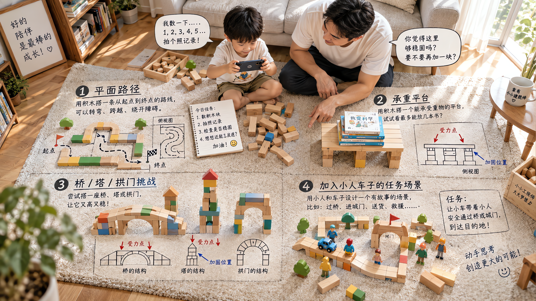 中国年轻爸爸和中国3-6岁儿童在家中客厅地毯上一起玩积木，画面为俯拍构图，地毯上分成四个区域展示“平