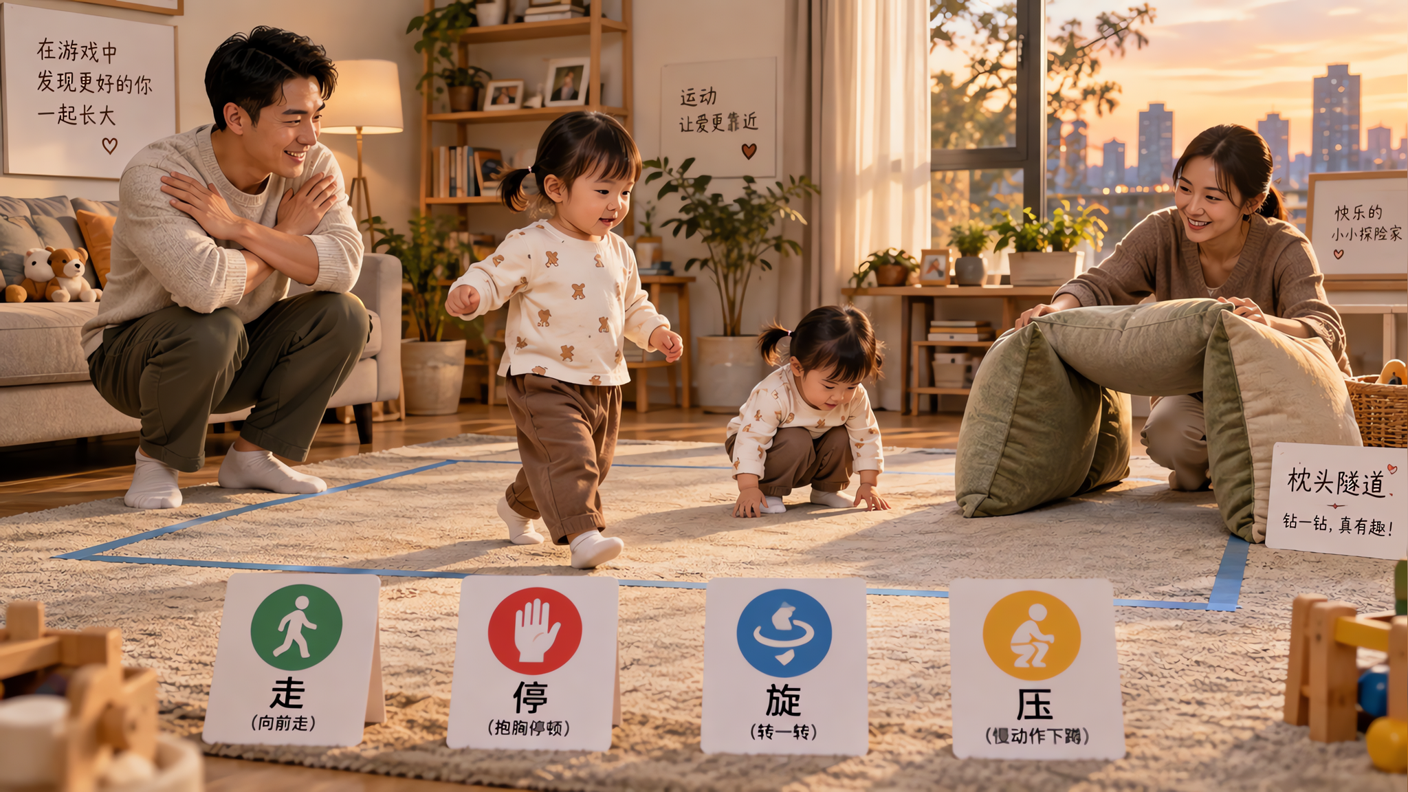 中国年轻爸爸妈妈与1-3岁中国幼儿在家中客厅做律动游戏，地面用胶带贴出一条“舞台边界线”形成简单动线