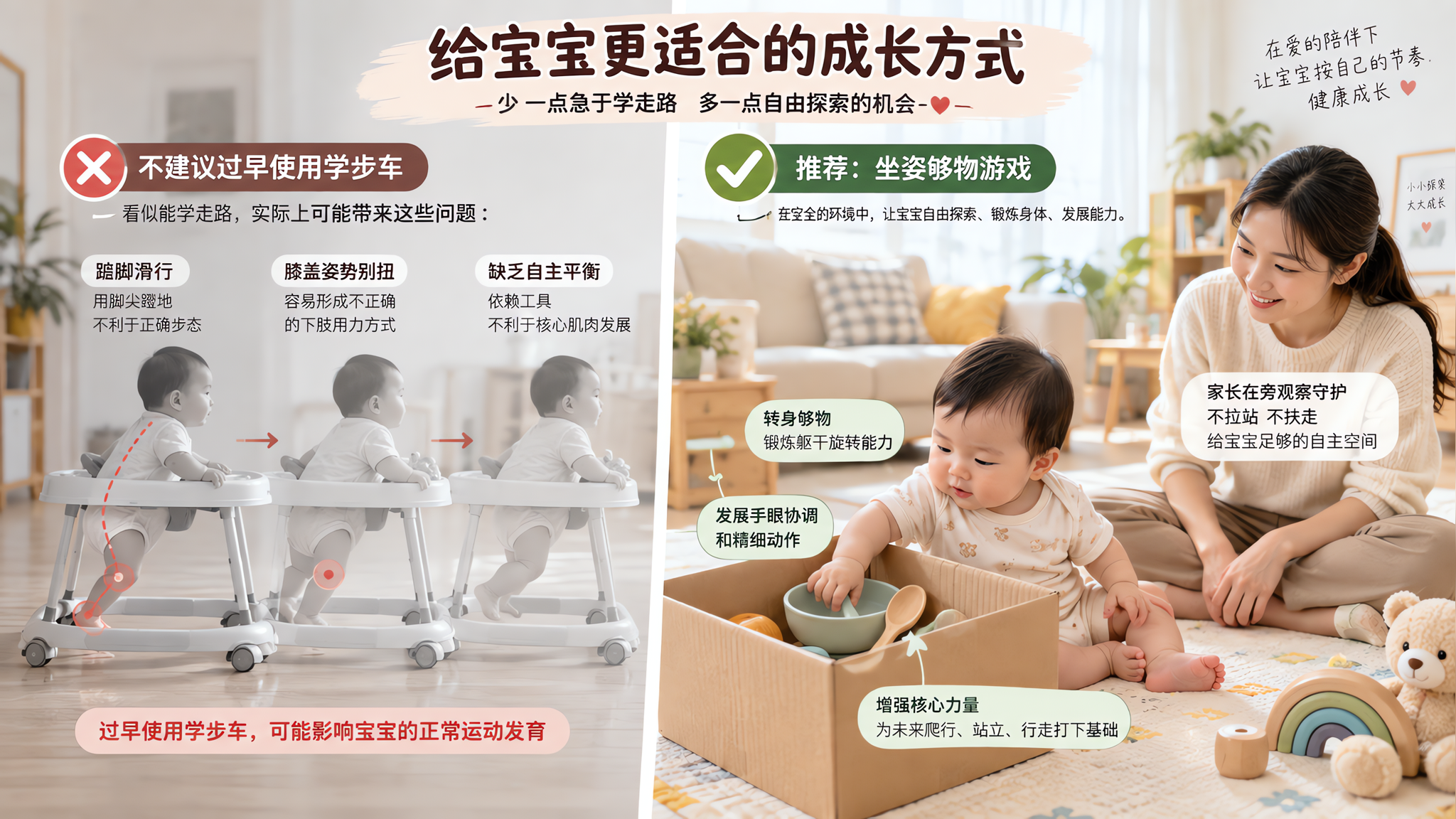 明亮整洁的中国家庭客厅场景,画面左侧以半透明剪影方式表现学步车中中国婴儿踮脚滑行、膝盖姿势别扭的错误