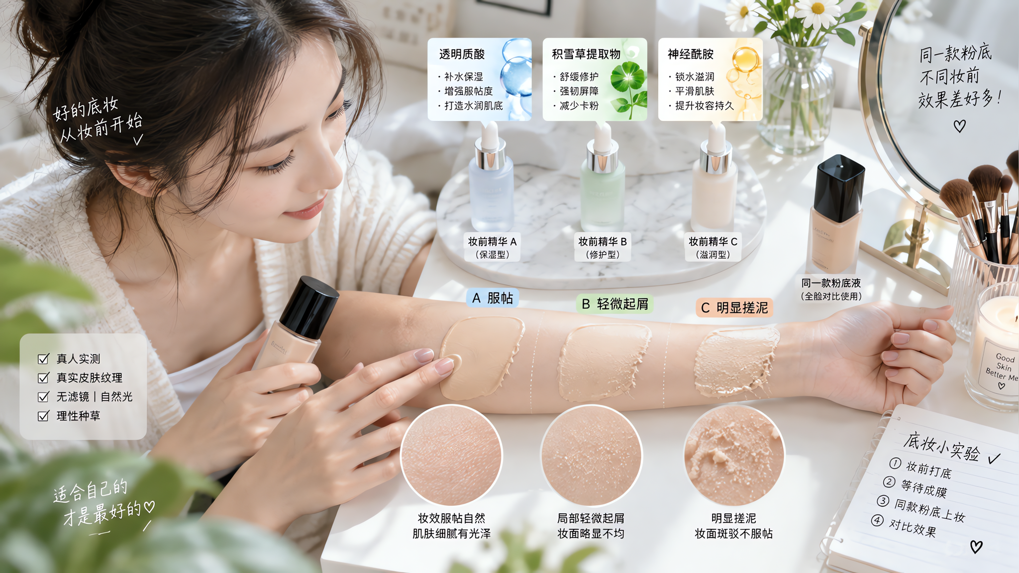 中国年轻女性在明亮干净的梳妆台前做底妆对比实验,镜头俯拍她的前臂分成三块区域,分别涂抹不同妆前打底精