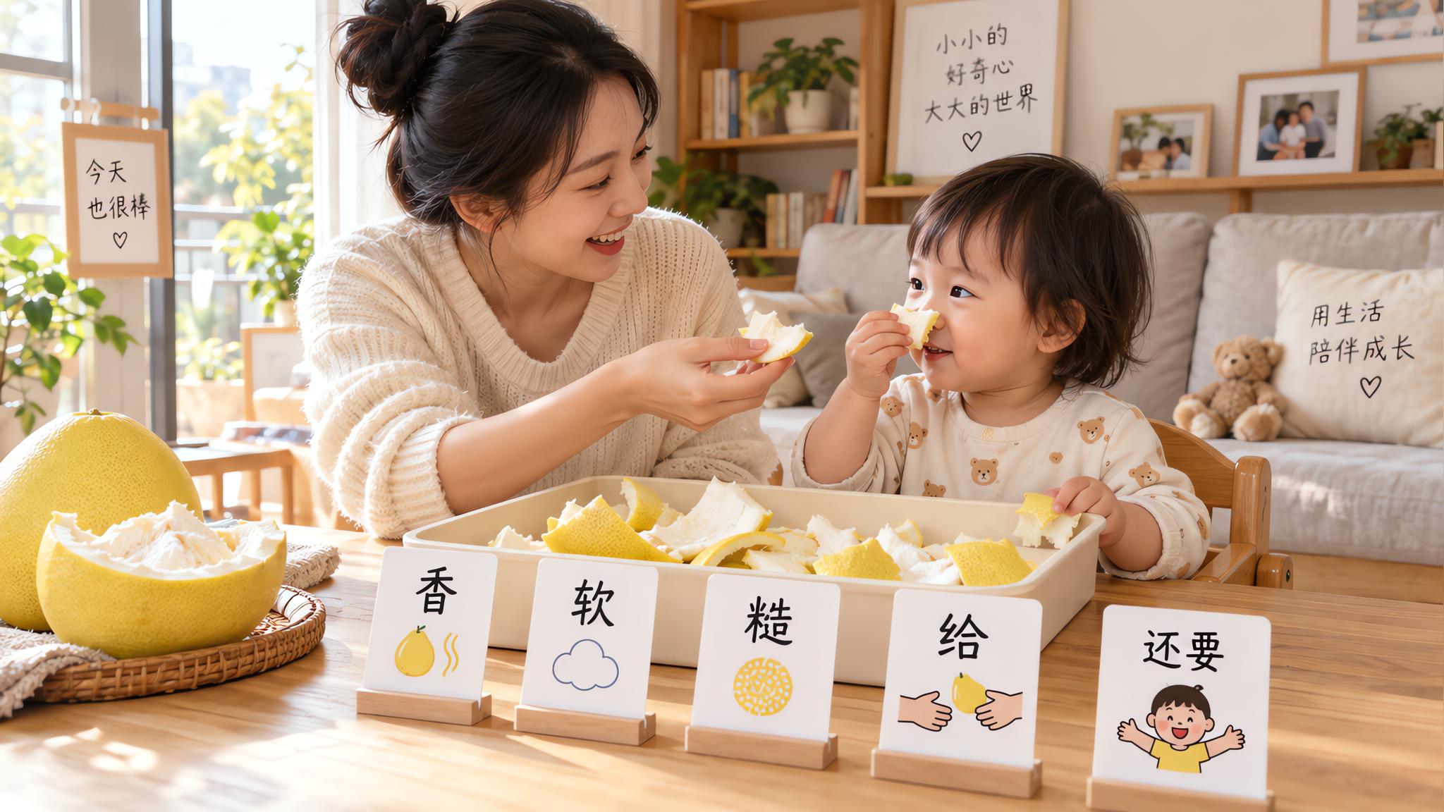 明亮温暖的中国家庭客厅餐桌场景，中国年轻妈妈与1-2岁中国幼儿一起进行“柚子皮感官盆”语言启蒙游戏，