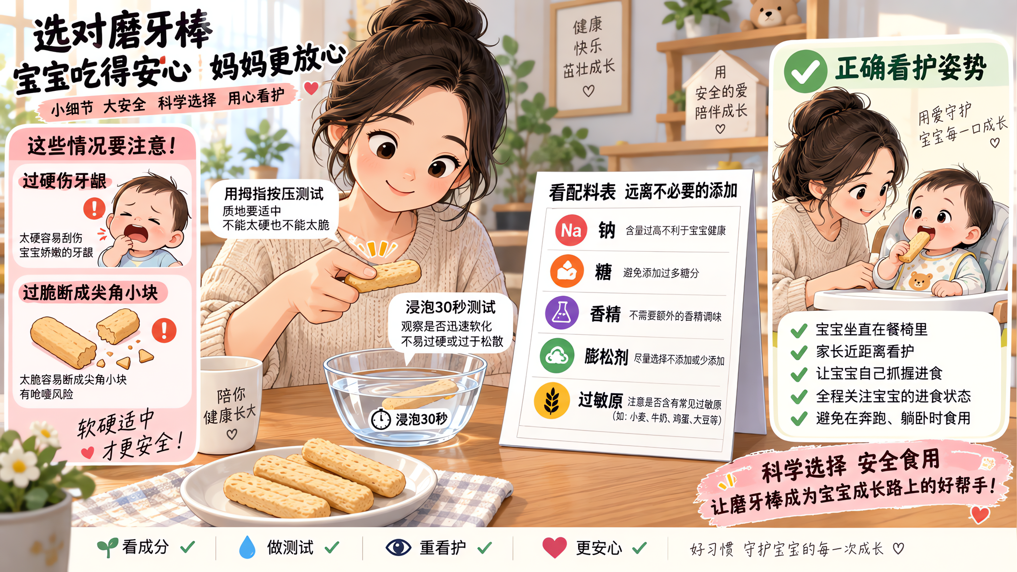中国年轻妈妈在家中餐桌旁,用拇指按压测试一根磨牙棒,旁边放着透明小碗清水用于“浸泡30秒”测试;桌面