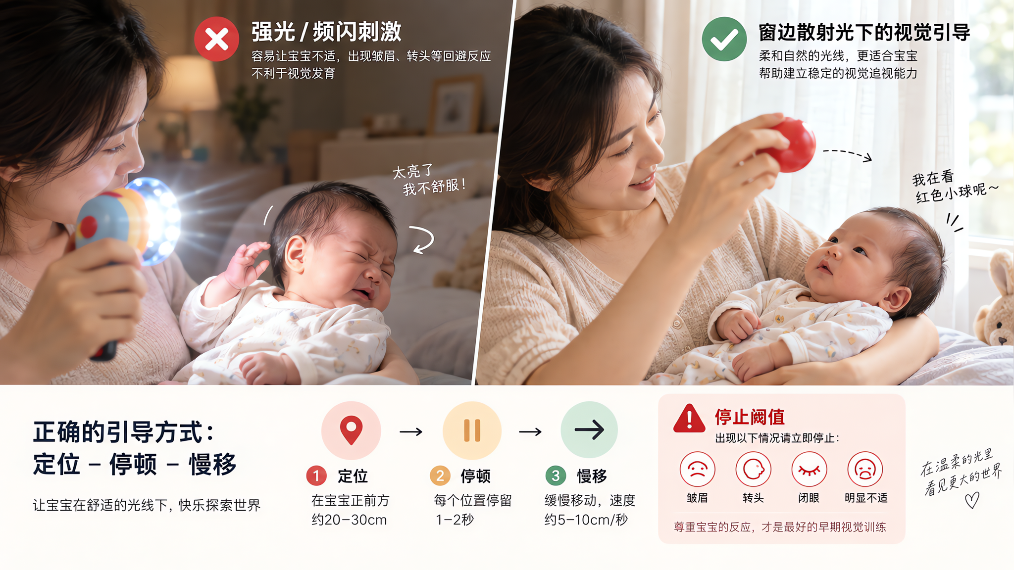 新生儿追视别用强光灯：窗边散射光更安全