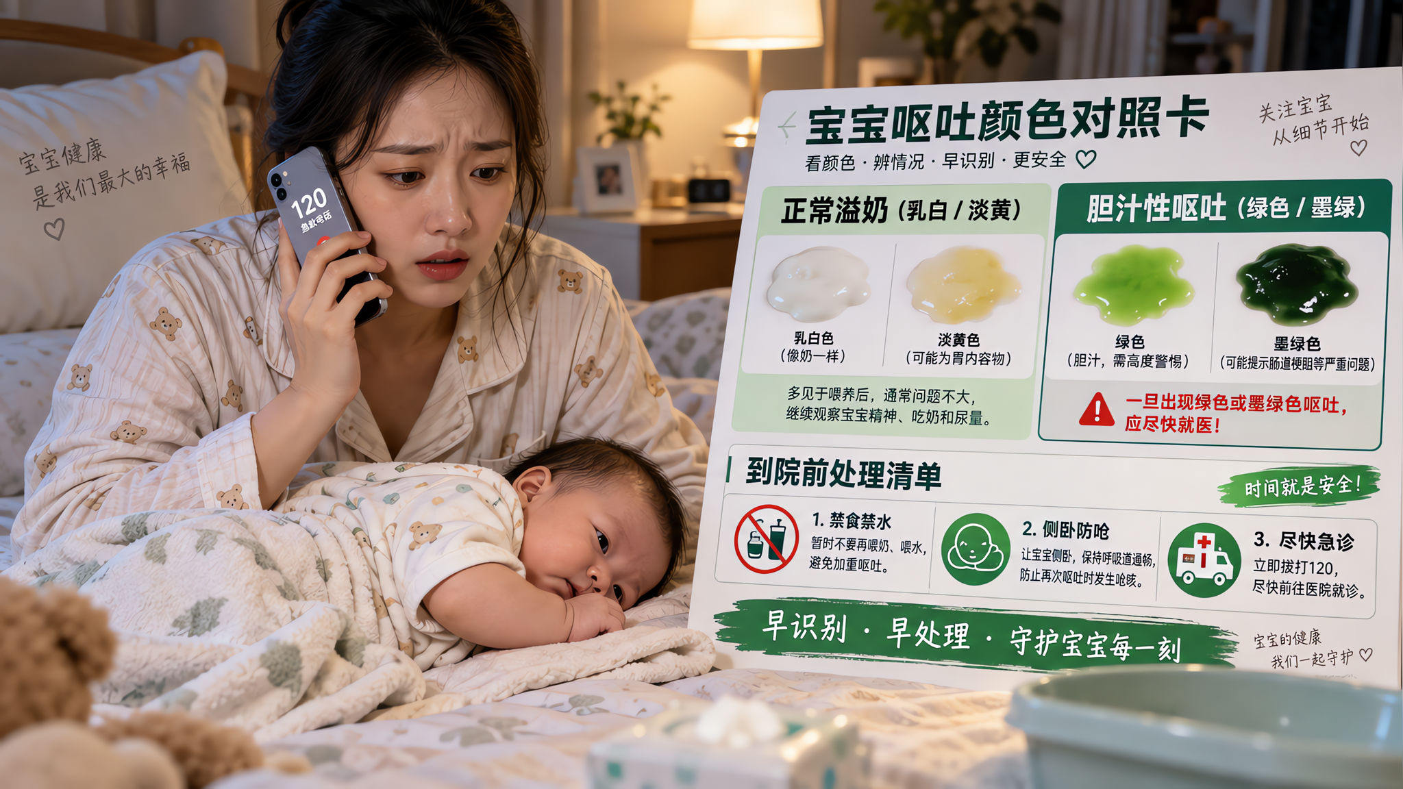 中国年轻妈妈在夜间卧室的柔和顶灯下,抱着一名中国婴儿,床边放着一张高对比“呕吐颜色对照卡”和“到院前