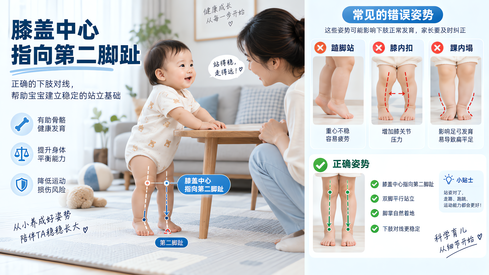 冷静医疗科普风信息图,场景为中国家庭客厅,地面防滑垫上,一位中国婴幼儿扶着稳固矮茶几自然站立,中国年