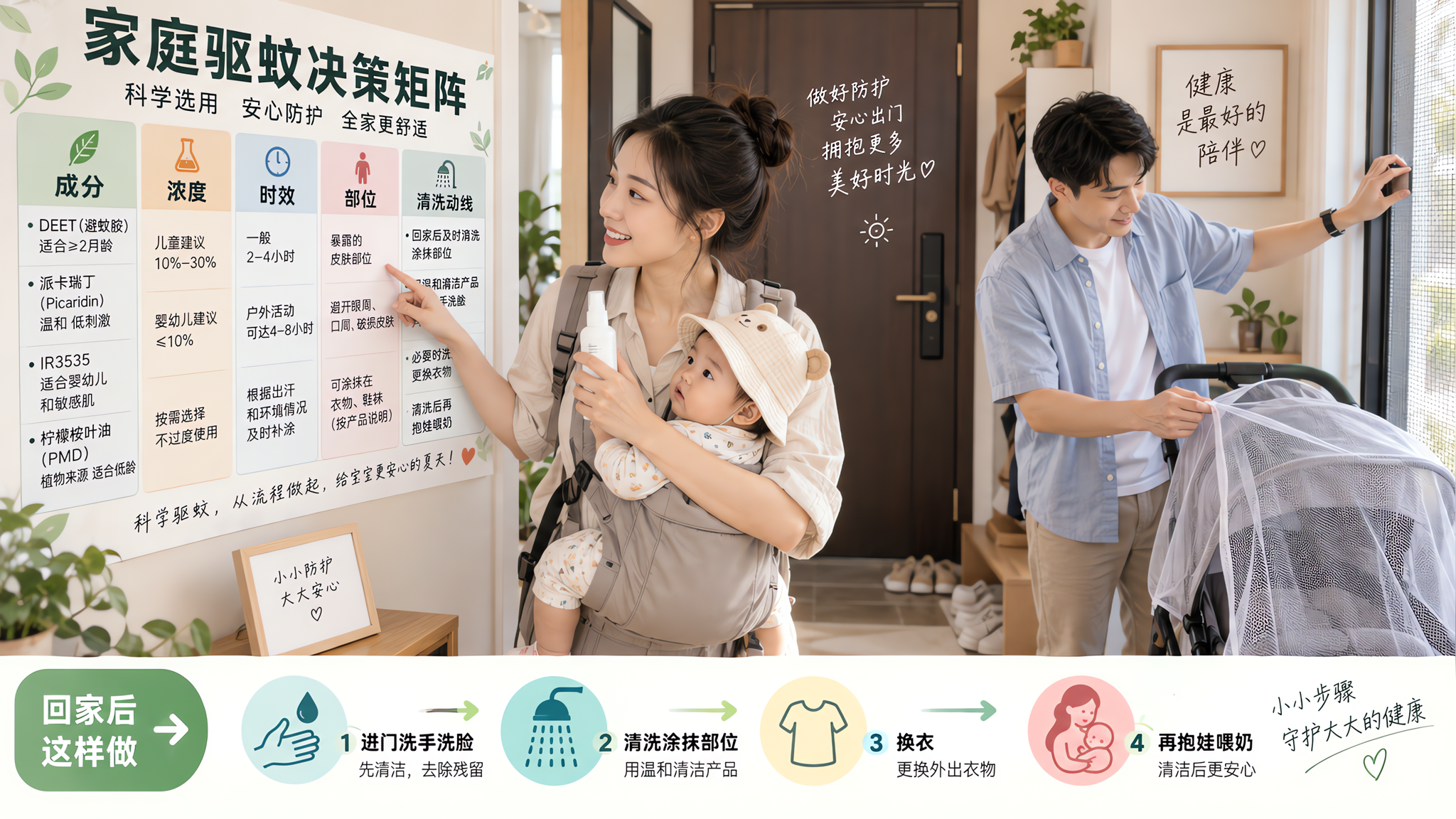 中国年轻妈妈在玄关处准备带中国婴幼儿出门,旁边墙面有一张清晰的“家庭驱蚊决策矩阵”信息图海报(成分-