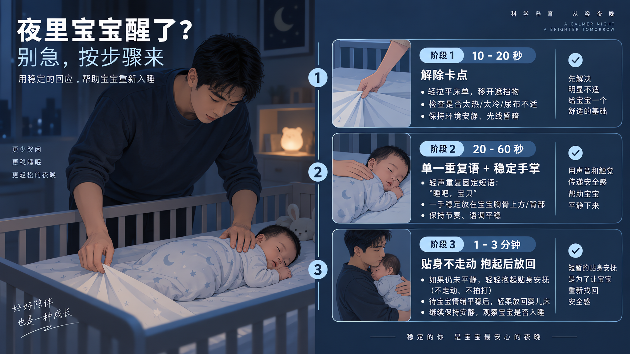 宝宝半夜翻身翻到崩溃？用3阶段安抚减少夜醒