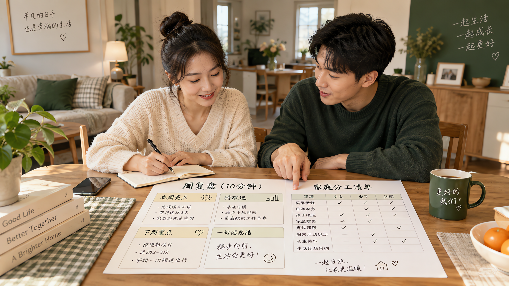 中国年轻夫妻在家中餐桌前进行10分钟周复盘，桌面有极简便签风的复盘模板与分工清单表格，暖杏色与深绿色