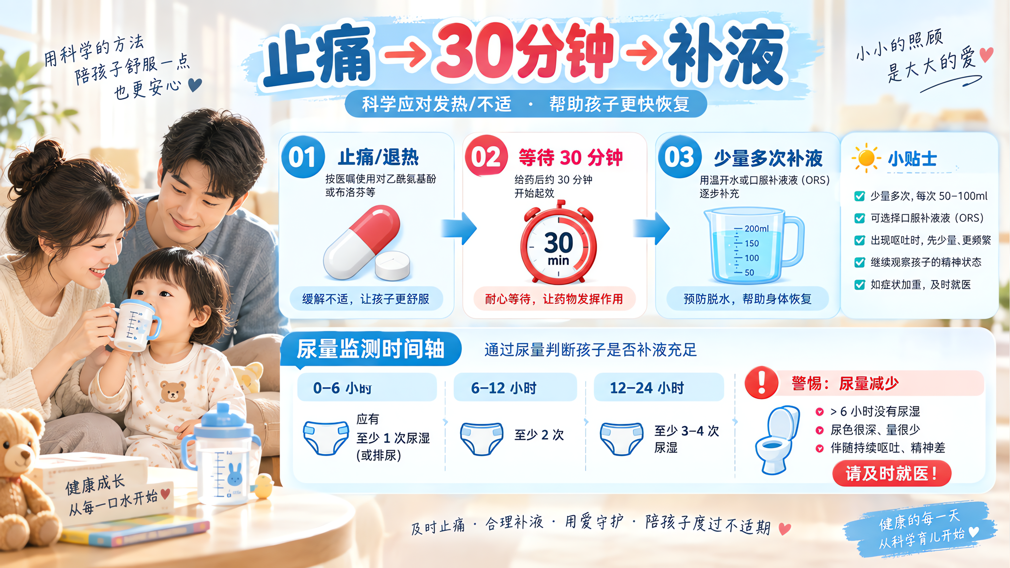 一张适合小红书的健康育儿信息海报，主题为“止痛→30分钟→补液”和“尿量监测时间轴”，画面为干净的竖