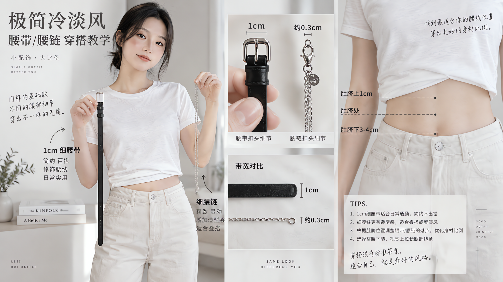 极简冷淡风穿搭教学场景,中国年轻女性站在干净明亮的室内(浅灰/米白背景),穿轻薄白色T恤与高腰直筒浅