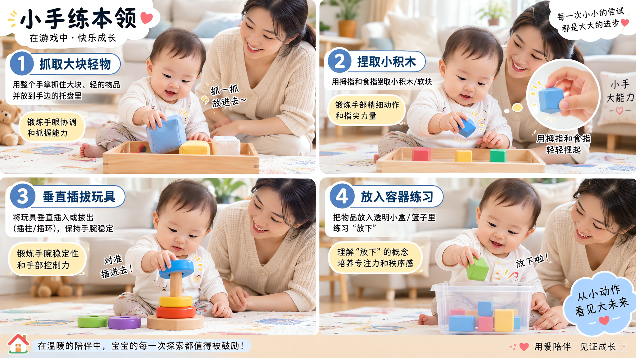 明亮整洁的家庭客厅场景,中国年轻妈妈坐在地垫旁陪7-9个月中国宝宝做精细动作训练,画面以四格漫画/四