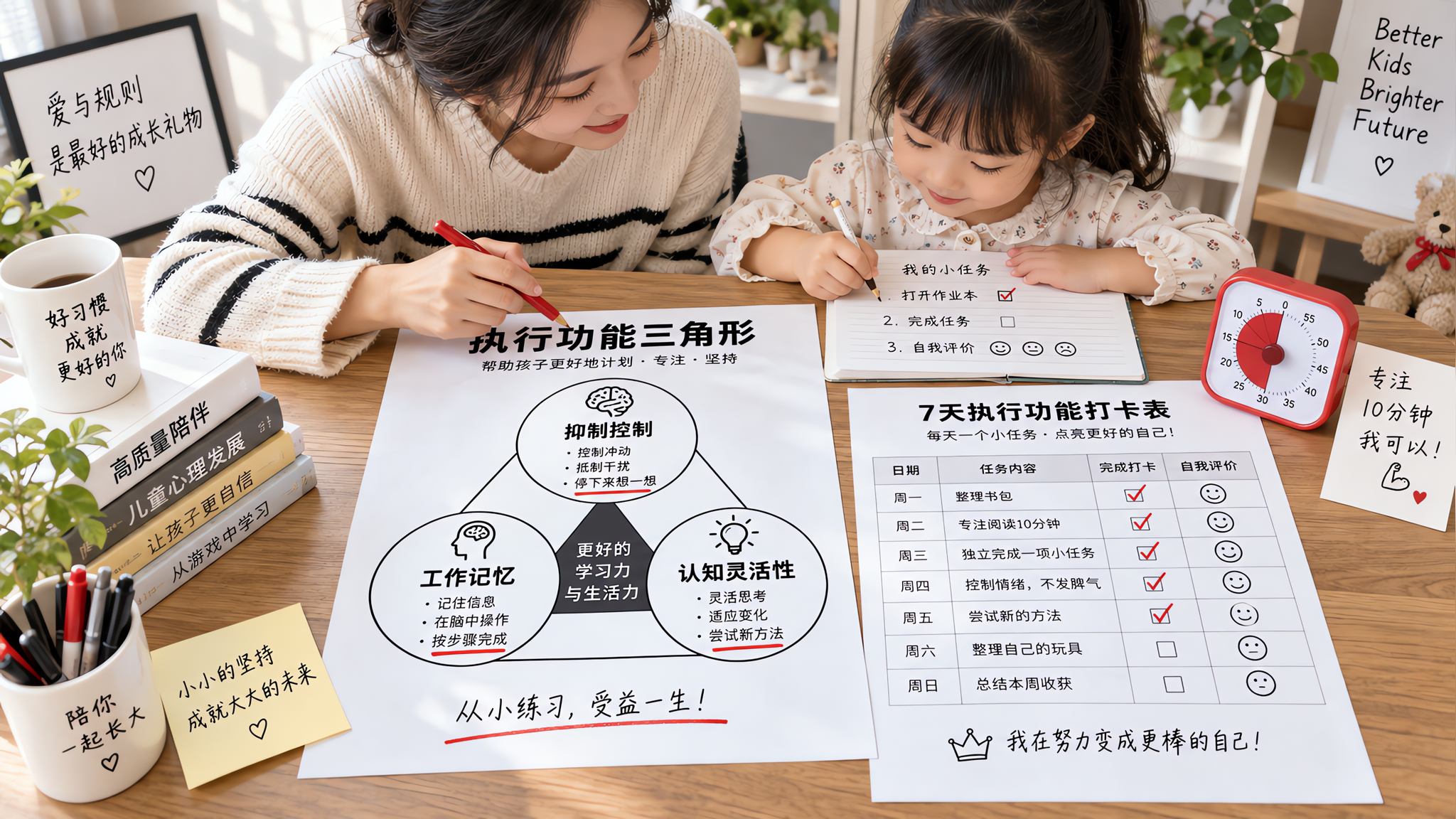 中国年轻妈妈和中国小学入学前儿童在家中餐桌旁进行亲子训练，桌面上有黑白打印的“执行功能三角形”信息图