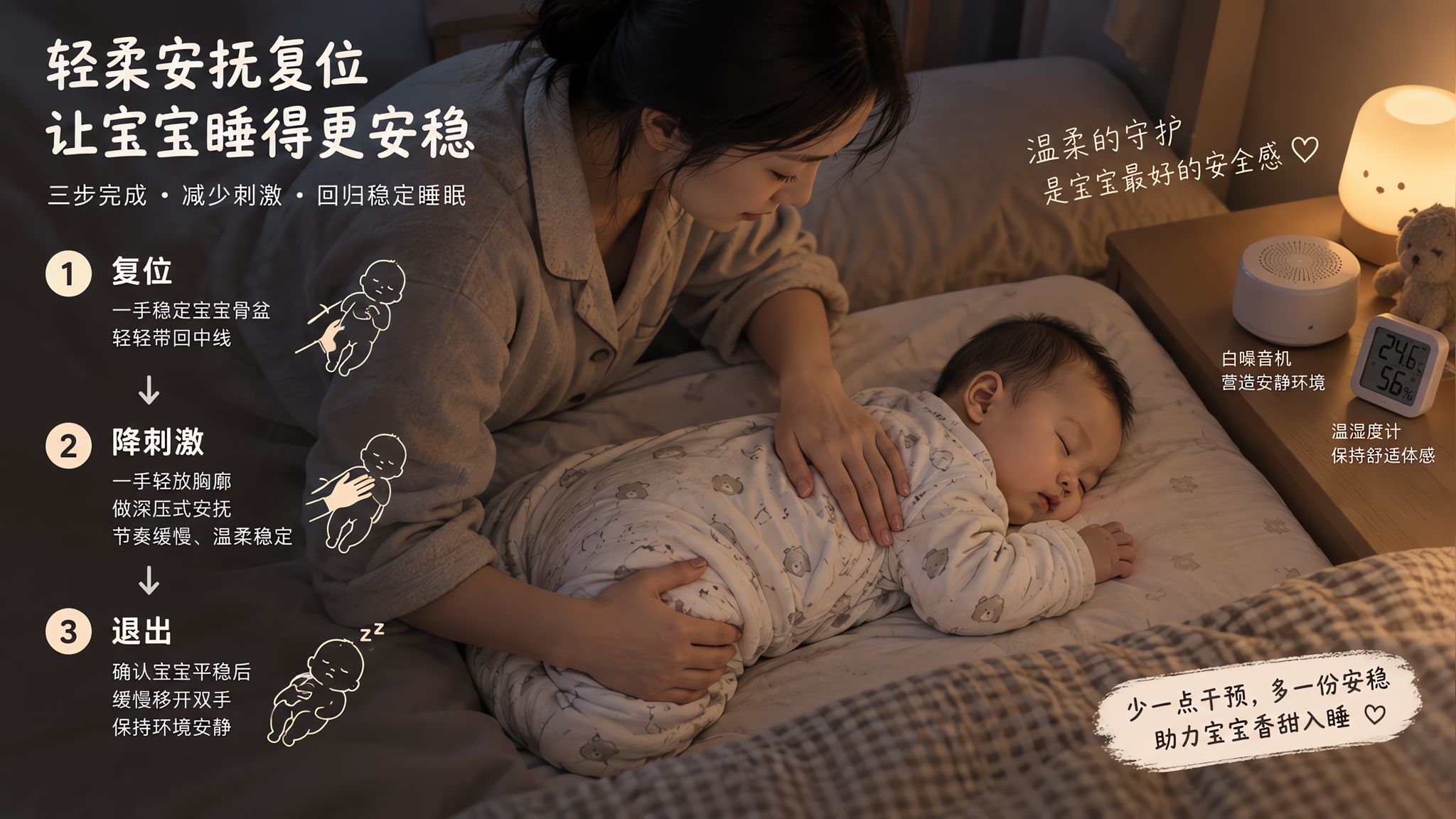 中国年轻妈妈在夜间卧室里给中国婴儿进行轻柔安抚复位的场景，婴儿穿睡袋侧躺在婴儿床或大床安全睡眠区域，