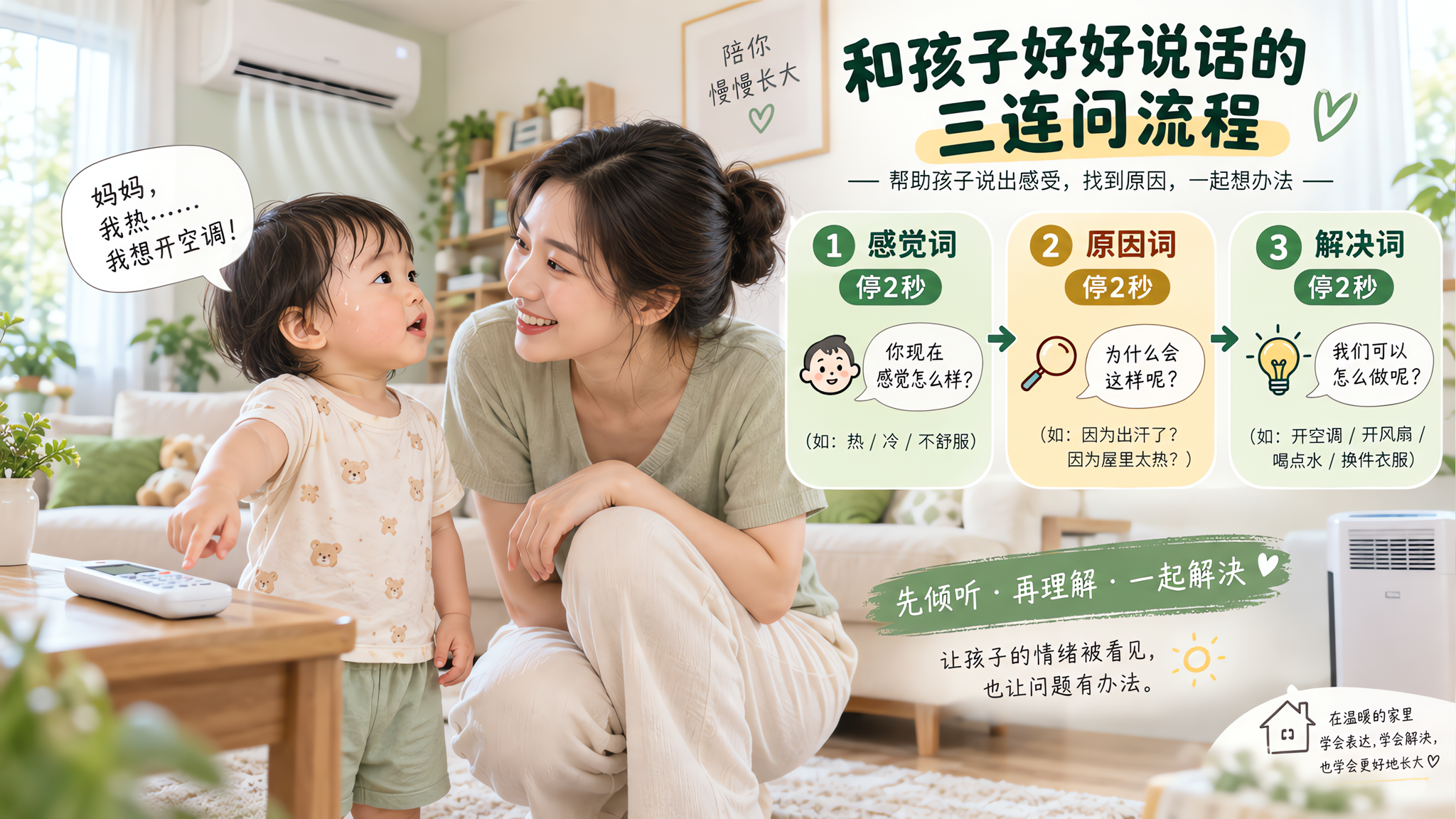 中国年轻妈妈与中国1-3岁幼儿在家中客厅互动，孩子微微出汗、指向空调遥控器，妈妈蹲下与孩子平视，用温